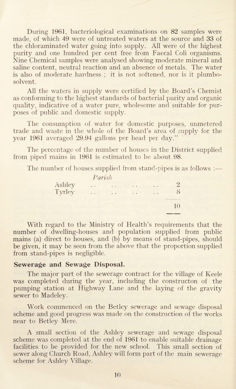 During 1961, bacteriological examinations on 82 samples were made, of which 49 were of untreated waters at the source and 33 of the chloraminated water going into supply. All were of the highest purity and one hundred per cent free from Faecal Coli organisms. Nine Chemical samples were analysed showing moderate mineral and saline content, neutral reaction and an absence of metals. The water is also of moderate hardness ; it is not softened, nor is it plumbo- solvent. All the waters in supply were certified by the Board's Chemist as conforming to the highest standards of bacterial purity and organic quality, indicative of a water pure, wholesome and suitable for pur¬ poses of public and domestic supply. The consumption of water for domestic purposes, unmetered trade and waste in the whole of the Board's area of supply for the year 1961 averaged 29.94 gallons per head per day. The percentage of the number of houses in the District supplied from piped mains in 1961 is estimated to be about 98. The number of houses supplied from stand-pipes is as follows :— Parish Ashley . . . . . . . . 2 Tyrley . . . . . . . . 8 10 With regard to the Ministry of Health’s requirements that the number of dwelling-houses and population supplied from public mains (a) direct to houses, and (b) by means of stand-pipes, should be given, it may be seen from the above that the proportion supplied from stand-pipes is negligible. Sewerage and Sewage Disposal. The major part of the sewerage contract for the village of Keele was completed during the year, including the constructon of the pumping station at Highway Fane and the laying of the gravity sewer to Madeley. Work commenced on the Betley sewerage and sewage disposal scheme and good progress was made on the construction of the works near to Betley Mere. A small section of the Ashley sewerage and sewage disposal scheme was completed at the end of 1961 to enable suitable drainage facilities to be provided for the new school. This small section of sewer along Church Road, Ashley will form part of the main sewerage scheme for Ashley Village.