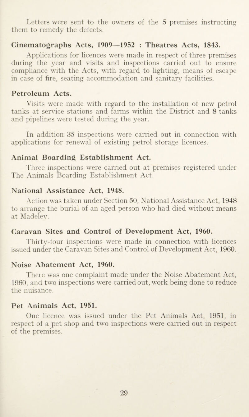 Letters were sent to the owners of the 5 premises instructing them to remedy the defects. Cinematographs Acts, 1909—1952 : Theatres Acts, 1843. Applications for licences were made in respect of three premises during the year and visits and inspections carried out to ensure compliance with the Acts, with regard to lighting, means of escape in case of fire, seating accommodation and sanitary facilities. Petroleum Acts. Visits were made with regard to the installation of new petrol tanks at service stations and farms within the District and 8 tanks and pipelines were tested during the year. In addition 35 inspections were carried out in connection with applications for renewal of existing petrol storage licences. Animal Boarding Establishment Act. Three inspections were carried out at premises registered under The Animals Boarding Establishment Act. National Assistance Act, 1948. x\ction was taken under Section 50, National Assistance Act, 1948 to arrange the burial of an aged person who had died without means at Madeley. Caravan Sites and Control of Development Act, 1960. Thirty-four inspections were made in connection with licences issued under the Caravan Sites and Control of Development Act, 1960. Noise Abatement Act, 1960. There was one complaint made under the Noise Abatement Act, 1960, and two inspections were carried out, work being done to reduce the nuisance. Pet Animals Act, 1951. One licence was issued under the Pet Animals Act, 1951, in respect of a pet shop and two inspections were carried out in respect of the premises.