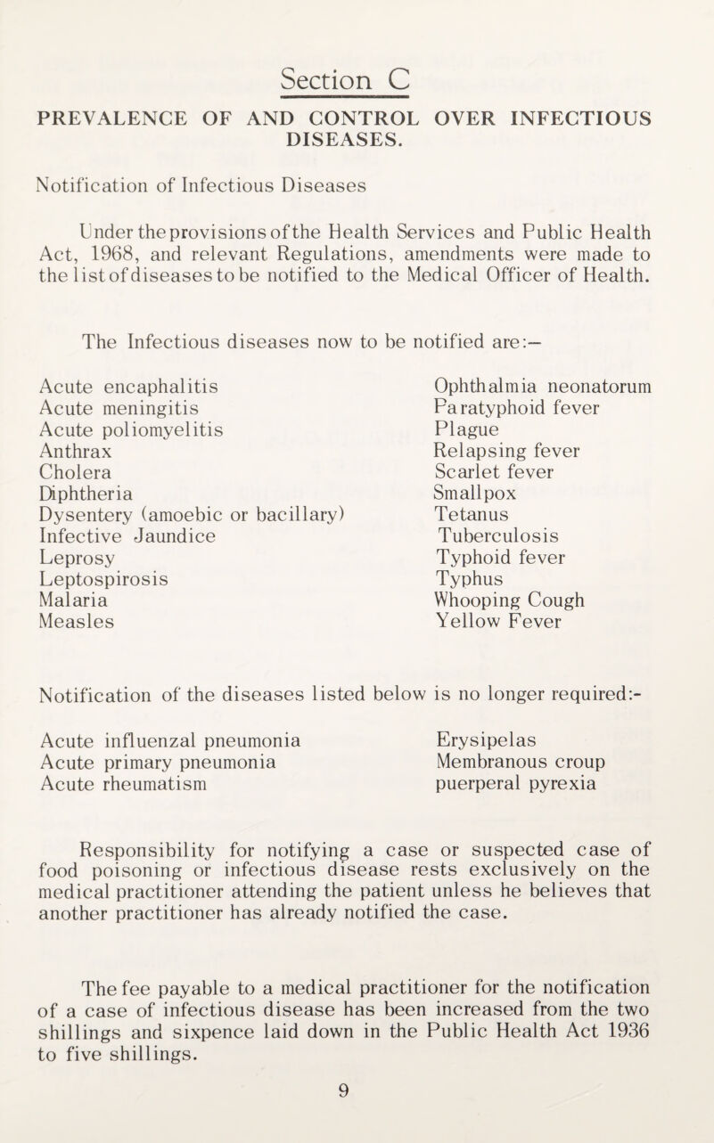 PREVALENCE OF AND CONTROL OVER INFECTIOUS DISEASES. Notification of Infectious Diseases Under the provisions of the Health Services and Public Health Act, 1968, and relevant Regulations, amendments were made to the listof diseases to be notified to the Medical Officer of Health. The Infectious diseases now to be notified are:— Acute encaphalitis Acute meningitis Acute poliomyelitis Anthrax Cholera Diphtheria Dysentery (amoebic or bacillary) Infective Jaundice Leprosy Leptospirosis Malaria Measles Ophthalmia neonatorum Paratyphoid fever Plague Relapsing fever Scarlet fever Smallpox Tetanus Tuberculosis Typhoid fever Typhus Whooping Cough Yellow Fever Notification of the diseases listed below is no longer required:- Acute influenzal pneumonia Erysipelas Acute primary pneumonia Membranous croup Acute rheumatism puerperal pyrexia Responsibility for notifying a case or suspected case of food poisoning or infectious disease rests exclusively on the medical practitioner attending the patient unless he believes that another practitioner has already notified the case. The fee payable to a medical practitioner for the notification of a case of infectious disease has been increased from the two shillings and sixpence laid down in the Public Health Act 1936 to five shillings.