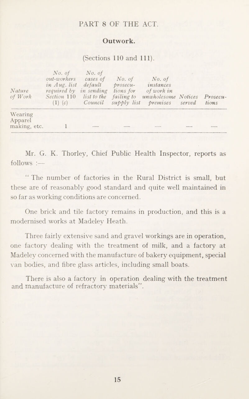 PART 8 OF THE ACT. Outwork. (Sections 110 and 111). No. of No. of out-workers cases of No. of No. of in Aug. list default prosecu- instances Nature required by in sending tions for of work in of Work Section 110 list to the failing to unwholesome Notices Prosecu- (1) (c) Council supply list premises served tions Wearing Apparel making, etc. 1 Mr. G. K. Thorley, Chief Public Health Inspector, reports as follows :— “ The number of factories in the Rural District is small, but these are of reasonably good standard and quite well maintained in so far as working conditions are concerned. One brick and tile factory remains in production, and this is a modernised works at Madeley Heath. Three fairly extensive sand and gravel workings are in operation, one factory dealing with the treatment of milk, and a factory at Madeley concerned with the manufacture of bakery equipment, special van bodies, and fibre glass articles, including small boats. There is also a factory in operation dealing with the treatment and manufacture of refractory materials’’.