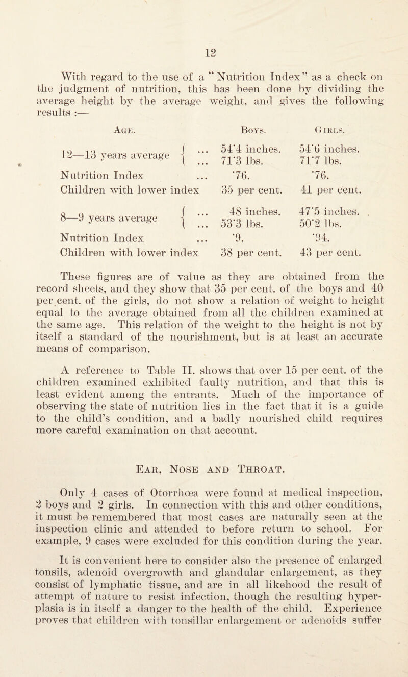 With regard to the use of a “Nutrition Index” as a check on the judgment of nutrition, this has been done by dividing the average height by the average weight, and gives the following results :— Aon. 12—13 years average j Nutrition Index Children with lower index 8—-9 years average j Nutrition Index Children with lower index These figures are of value as they are obtained from the record sheets, and they show that 35 per cent, of the boys and 40 per cent, of the girls, do not show a relation of weight to height equal to the average obtained from all the children examined at the same age. This relation of the weight to the height is not by itself a standard of the nourishment, but is at least an accurate means of comparison. A reference to Table II. shows that over 15 per cent, of the children examined exhibited faulty nutrition, and that this is least evident among the entrants. Much of the importance of observing the state of nutrition lies in the fact that it is a guide to the child’s condition, and a badly nourished child requires more careful examination on that account. Boys. 54'4 inches. 71*3 lbs. 76. 35 per cent. 48 inches. 53'3 lbs. *9. 38 per cent. Girls. 54*6 inches. 717 lbs. 76. 41 per cent. 47'5 inches. 50*2 lbs. '94. 43 per cent. Ear, Nose and Throat. Only 4 cases of Otorrhcea were found at medical inspection, 2 boys and 2 girls. In connection with this and other conditions, it must be remembered that most cases are naturally seen at the inspection clinic and attended to before return to school. For example, 9 cases were excluded for this condition during the year. It is convenient here to consider also the presence of enlarged tonsils, adenoid overgrowth and glandular enlargement, as they consist of lymphatic tissue, and are in all likehood the result of attempt of nature to resist infection, though the resulting hyper¬ plasia is in itself a danger to the health of the child. Experience proves that children with tonsillar enlargement or adenoids suffer