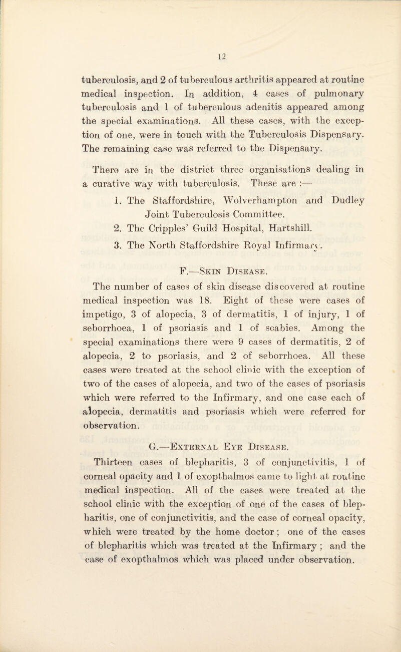 tuberculosis, and 2 of tuberculous arthritis appeared at routine medical inspection. In addition, 4 cases of pulmonary tuberculosis and 1 of tuberculous adenitis appeared among the special examinations. All these cases, with the excep¬ tion of one, were in touch with the Tuberculosis Dispensary. The remaining case was referred to the Dispensary. There are in the district three organisations dealing in a curative way with tuberculosis. These are 1. The Staffordshire, Wolverhampton and Dudley Joint Tuberculosis Committee. 2. The Cripples’ Guild Hospital, Hartshill. 3. The North Staffordshire Royal Infirmary. F.—Skin Disease. The number of cases of skin disease discovered at routine medical inspection was 18. Eight of these were cases of impetigo, 3 of alopecia, 3 of dermatitis, 1 of injury, 1 of seborrhoea, 1 of psoriasis and 1 of scabies. Among the special examinations there were 9 cases of dermatitis, 2 of alopecia, 2 to psoriasis, and 2 of seborrhoea. All these cases were treated at the school clinic with the exception of two of the cases of alopecia, and two of the cases of psoriasis which were referred to the Infirmary, and one case each of alopecia, dermatitis and psoriasis which were referred for observation. G.—External Eye Disease. Thirteen cases of blepharitis, 3 of conjunctivitis, 1 of corneal opacity and 1 of exopthalmos came to light at routine medical inspection. All of the cases were treated at the school clinic with the exception of one of the cases of blep¬ haritis, one of conjunctivitis, and the case of comeal opacity, which were treated by the home doctor; one of the cases of blepharitis which was treated at the Infirmary ; and the case of exopthalmos which was placed under observation.