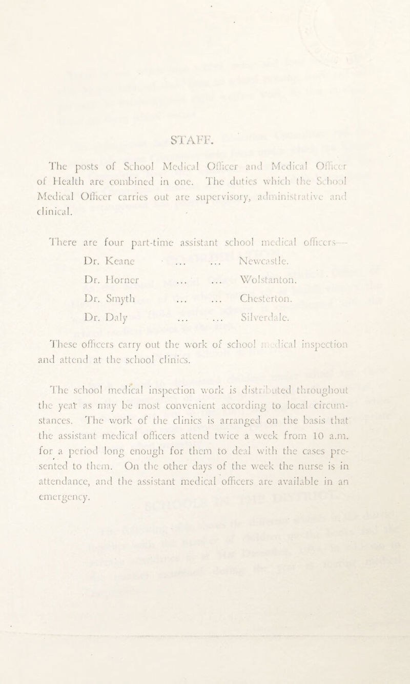 STAFF. The posts of School Medical Officer and Medical Officer of Health are combined in one. The duties which the School Medical Officer carries out are supervisory, administrative and clinical. There are four part-time Dr. Keane Dr. Horner Dr. Smyth Dr. Daly assistant school medical Newcastle. Wolstanton. Chesterton. Silverdale. officers These officers carry out the work of school heal inspection and attend at the school clinics. The school medical inspection work is distributed throughout the yeal‘ as may be most convenient according to local circum¬ stances. The work of the clinics is arranged on the basis that the assistant medical officers attend twice a week from 10 a.m. for a period long enough for them to deal with the cases pre¬ sented to them. On the other days of the week the nurse is in attendance, and the assistant medical officers are available in an emergency.