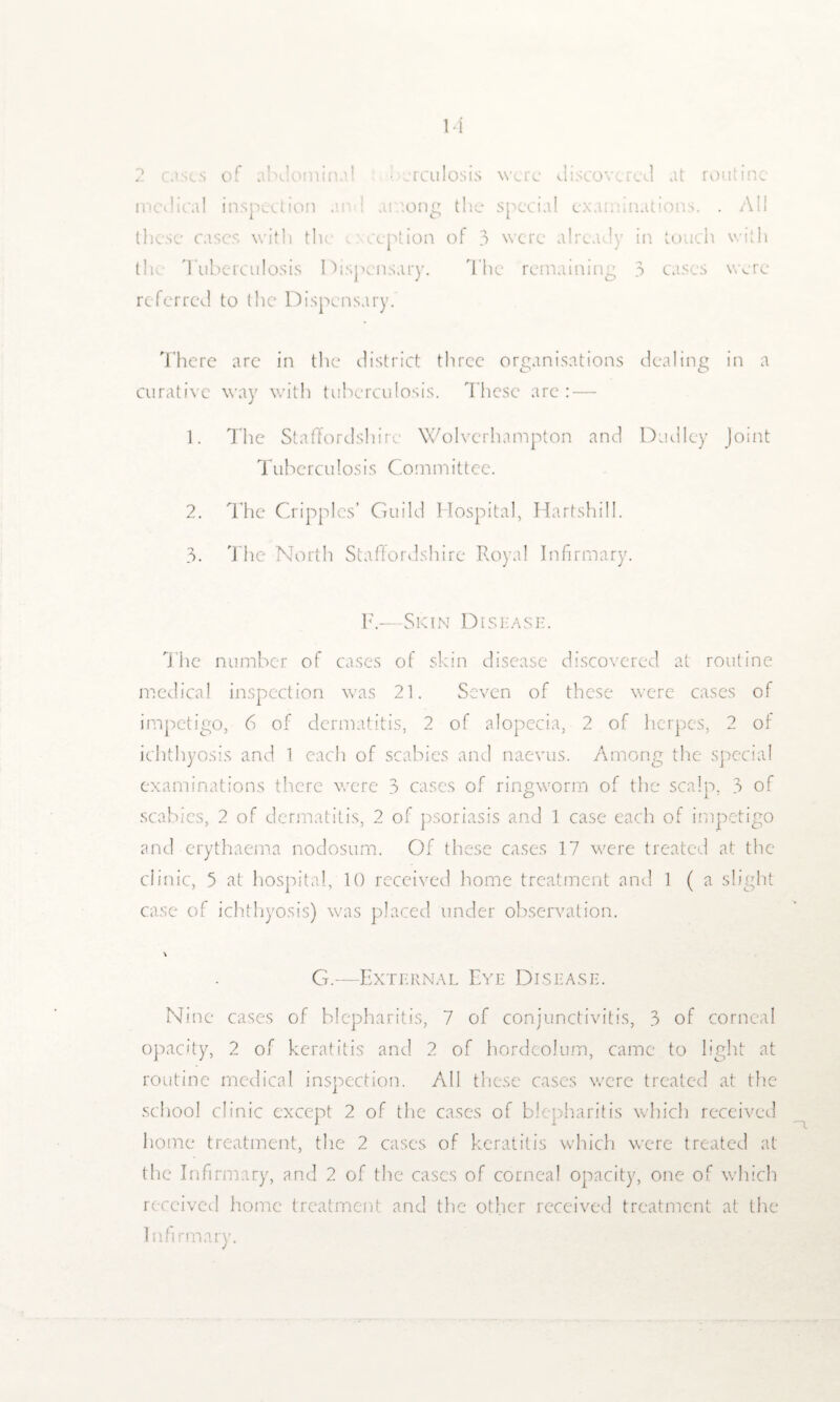 1-f 2 cases of abdominal • erculosis were discovered at routine medical inspection an 1 among the special examinations. . All these cases with the ception of 3 were already in touch with the Tuberculosis Dispensary. The remaining 3 cases were referred to the Dispensary. There are in the district three organisations dealing in a O O curative way with tuberculosis. These are : — 1. The Staffordshire Wolverhampton and Dudley Joint Tuberculosis Committee. 2. The Cripples’ Guild Hospital, Hartshill. 3. The North Staffordshire Royal Infirmary. F.—Skin Disease. The number of cases of skin disease discovered at routine medical inspection was 21. Seven of these were cases of impetigo, 6 of dermatitis, 2 of alopecia, 2 of herpes, 2 of ichthyosis and 1 each of scabies and naevus. Among the special examinations there were 3 cases of ringworm of the scalp, 3 of scabies, 2 of dermatitis, 2 of psoriasis and 1 case each of impetigo and erythaema nodosum. Of these cases 17 were treated at the clinic, 5 at hospital, 10 received home treatment and 1 ( a slight case of ichthyosis) was placed under observation. G.—External Eye Disease. Nine cases of blepharitis, 7 of conjunctivitis, 3 of corneal opacity, 2 of keratitis and 2 of hordeolum, came to light at routine medical inspection. All these cases were treated at the school clinic except 2 of the cases of bk pharitis which received home treatment, the 2 cases of keratitis which were treated at the Infirmary, and 2 of the cases of corneal opacity, one of which received home treatment and the other received treatment at the Infirmary.