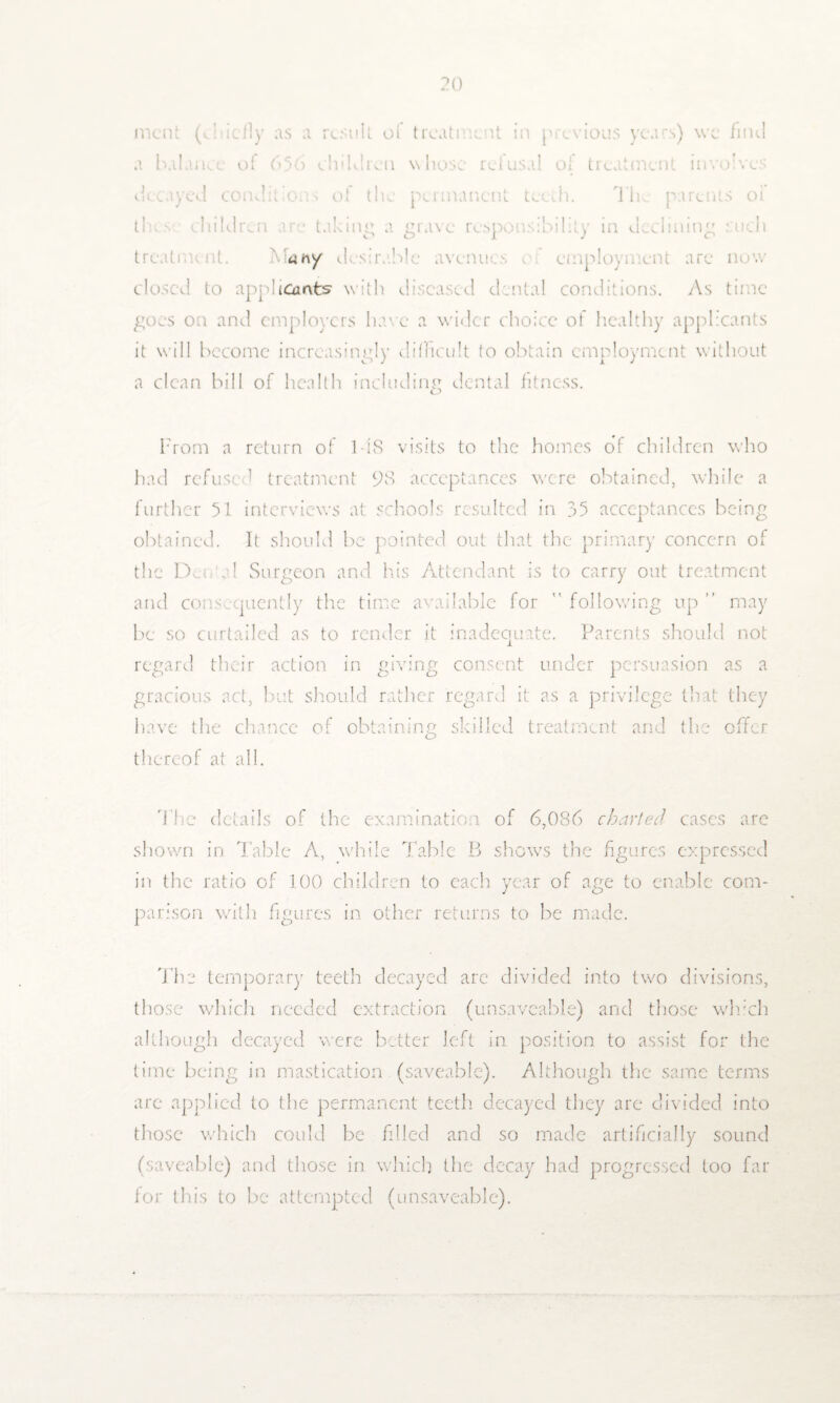 mcnt (A icily as a result of treatment in previous yea's) we find a bal of 656 children whose refusal of treatment involves decayed conditions of the permanent teeth. The parents oi t! children are taking a grave responsibility in declining such «hy are now iOmts with d d ons. As ti goes on and employers have a wider choice of healthy applicants it will become increasingly difficult to obtain employment without a dean bill of health including dental fitness. From a return of Ids visits to the homes of children who had refused treatment 9b acceptances w'ere obtained, while a further 51 interviews at schools resulted in 35 acceptances being obtained. It should be pointed out that the primary concern of the Dm d Surgeon and his Attendant is to carry out treatment and consequently the time available for  following up ” may be so curtailed as to render it inadequate. Parents should not regard their action in giving consent under persuasion as a gracious act, but should rather regard it as a privilege that they have the chance of obtaining skilled treatment and the offer thereof at all. The details of the examination of 6,086 charted cases are shown in Table A, while Table B shows the figures expressed in the ratio of 100 children to each year of age to enable com¬ parison with figures in other returns to be made. The temporary teeth decayed are divided into two divisions, those which needed extraction (unsaveable) and those which although decayed were better left in position to assist for the time being in mastication (saveable). Although the same terms arc applied to the permanent teeth decayed they are divided into those which could be filled and so made artificially sound (saveable) and those in which the decay had progressed too far for this to be attempted (unsaveable).