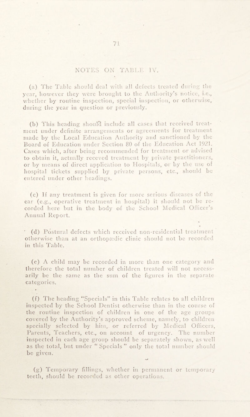 NOTES ON TABLE IV. (a) The Table should deal with all defects treated during the year, however they were brought to the Authority’s notice, i.e., whether by routine inspection, special inspection, or otherwise, during the year in question or previously. (b) This heading shoulcl include all cases that received treat¬ ment under definite arrangements or agreements for treatment made by the Local Education Authority and sanctioned by the Board of Education under Section 80 of the Education Act 1921. Cases which, after being recommended for treatment or advised to obtain it, actually receved treatment by private practitioners, or by means of direct application to Hospitals, or by the use of hospital tickets supplied by private persons, etc., should be entered under other headings. (c) If any treatment is given for more serious diseases of the ear (e.g., operative treatment in hospital) it should not be re¬ corded here but in the body of the School Medical Officer’s Annual Report. ' (d) Postural defects which received non-residential treatment otherwise than at an orthopaedic clinic should not be recorded in this Table. (e) A child may be recorded in more than one category and therefore the total number of children treated will not necess¬ arily be the same as the sum of the figures in the separate categories. (f) The heading “Specials” in this Table relates to all children inspected by the School Dentist otherwise than in the course of the routine inspection of children in one of the age groups covered by the Authority’s approved scheme, namely, to children specially selected by him,, or referred by Medical Officers, Parents, Teachers, etc., on account of urgency. The number inspected in each age group should be separately shown, as well as the total, but under “ Specials ” only the total number should be given. >_/ (g) Temporary fillings, whether in permanent or temporary teeth, should be recorded as other operations.