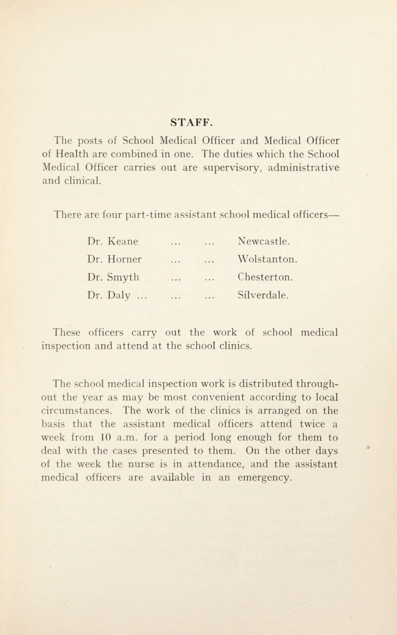 STAFF. The posts of School Medical Officer and Medical Officer of Health are combined in one. The duties which the School Medical Officer carries out are supervisory, administrative and clinical. There are four part-time assistant school medical officers— Dr. Keane Dr. Horner Dr. Smyth Dr. Daly .. Newcastle. Wolstanton Chesterton. Silverdale. These officers carry out the work of school medical inspection and attend at the school clinics. The school medical inspection work is distributed through¬ out the year as may be most convenient according to local circumstances. The work of the clinics is arranged on the basis that the assistant medical officers attend twice a week from 10 a.m. for a period long enough for them to deal with the cases presented to them. On the other days of the week the nurse is in attendance, and the assistant medical officers are available in an emergency.