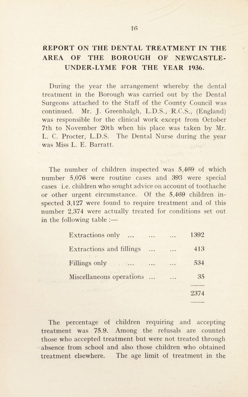 REPORT ON THE DENTAL TREATMENT IN THE AREA OF THE BOROUGH OF NEWCASTLE- UNDER-LYME FOR THE YEAR 1936. During the year the arrangement whereby the dental treatment in the Borough was carried out by the Dental Surgeons attached to the Staff of the County Council was continued. Mr. J. Greenhalgh, L.D.S.,. R.C.S., (England) was responsible for the clinical work except from October 7th to November 20th when his place was taken by Mr. L. C. Procter, L.D.S. The Dental Nurse during the year was Miss L. E. Barratt. The number of children inspected was 5,469 of which number 5,076 were routine cases and 393 were special cases i.e. children who sought advice on account of toothache or other urgent circumstance. Of the 5,469 children in¬ spected 3,127 were found to require treatment and of this number 2,374 were actually treated for conditions set out in the following table :— Extractions only ... ... ... 1392 Extractions and fillings ... ... 413 Fillings only ... ... ... 534 Miscellaneous operations ... ... 35 2374 The percentage of children requiring and accepting treatment was 75.9. Among the refusals are counted those who accepted treatment but were not treated through absence from school and also those children who obtained treatment elsewhere. The age limit of treatment in the