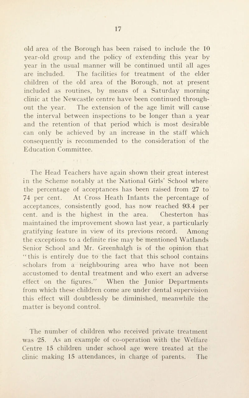 old area of the Borough has been raised to include the 10 year-old group and the policy of extending this year by year in the usual manner will be continued until all ages are included. The facilities for treatment of the elder children of the old area of the Borough, not at present included as routines, by means of a Saturday morning clinic at the Newcastle centre have been continued through¬ out the year. The extension of the age limit will cause the interval between inspections to be longer than a year and the retention of that period which is most desirable can only be achieved by an increase in the staff which consequently is recommended to the consideration of the Education Committee. The Head Teachers have again shown their great interest in the Scheme notably at the National Girls’ School where the percentage of acceptances has been raised from 27 to 74 per cent. At Cross Heath Infants the percentage of acceptances, consistently good, has now reached 93.4 per cent, and is the highest in the area. Chesterton has maintained the improvement shown last year, a particularly gratifying feature in view of its previous record. Among the exceptions to a definite rise may be mentioned Watlands Senior School and Mr. Greenhalgh is of the opinion that “this is entirely due to the fact that this school contains scholars from a neighbouring area who have not been accustomed to dental treatment and who exert an adverse effect on the figures.” When the Junior Departments from which these children come are under dental supervision this effect will doubtlessly be diminished, meanwhile the matter is beyond control. The number of children who received private treatment was 25. As an example of co-operation with the Welfare Centre 15 children under school age were treated at the clinic making 15 attendances, in charge of parents. The