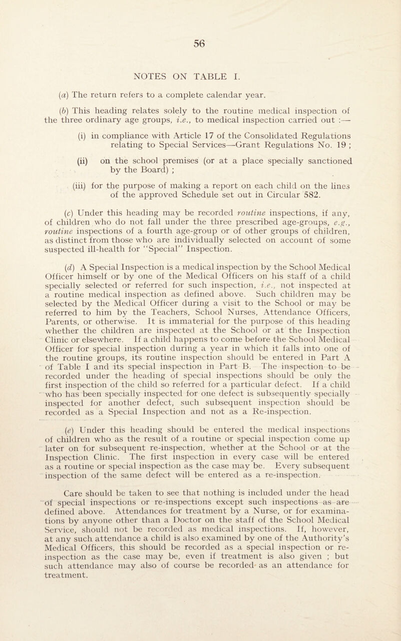 NOTES ON TABLE I. (a) The return refers to a complete calendar year. (b) This heading relates solely to the routine medical inspection of the three ordinary age groups, i.e., to medical inspection carried out :— (i) in compliance with Article 17 of the Consolidated Regulations relating to Special Services—Grant Regulations No. 19 ; (ii) on the school premises (or at a place specially sanctioned by the Board) ; (iii) for the purpose of making a report on each child on the lines of the approved Schedule set out in Circular 582. (c) Under this heading may be recorded routine inspections, if any, of children who do not fall under the three prescribed age-groups, e.g., routine inspections of a fourth age-group or of other groups of children, as distinct from those who are individually selected on account of some suspected ill-health for “Special’' Inspection. (id) A Special Inspection is a medical inspection by the School Medical Officer himself or by one of the Medical Officers on his staff of a child specially selected or referred for such inspection, i.e., not inspected at a routine medical inspection as defined above. Such children may be selected by the Medical Officer during a visit to the School or may be referred to him by the Teachers, School Nurses, Attendance Officers, Parents, or otherwise. It is immaterial for the purpose of this heading whether the children are inspected at the School or at the Inspection Clinic or elsewhere. If a child happens to come before the School Medical Officer for special inspection during a year in which it falls into one of the routine groups, its routine inspection should be entered in Part A of Table I and its special inspection in Part B. The inspection to be recorded under the heading of special inspections should be only the first inspection of the child so referred for a particular defect. If a child who has been specially inspected for one defect is subsequently specially inspected for another defect, such subsequent inspection should be recorded as a Special Inspection and not as a Re-inspection. (e) Under this heading should be entered the medical inspections of children who as the result of a routine or special inspection come up later on for subsequent re-inspection, whether at the School or at the Inspection Clinic. The first inspection in every case will be entered as a routine or special inspection as the case may be. Every subsequent inspection of the same defect will be entered as a re-inspection. Care should be taken to see that nothing is included under the head Of special inspections or re-inspections except such inspections as are defined above. Attendances for treatment by a Nurse, or for examina¬ tions by anyone other than a Doctor on the staff of the School Medical Service, should not be recorded as medical inspections. If, however, at any such attendance a child is also examined by one of the Authority’s Medical Officers, this should be recorded as a special inspection or re¬ inspection as the case may be, even if treatment is also given ; but such attendance may also of course be recorded as an attendance for treatment.