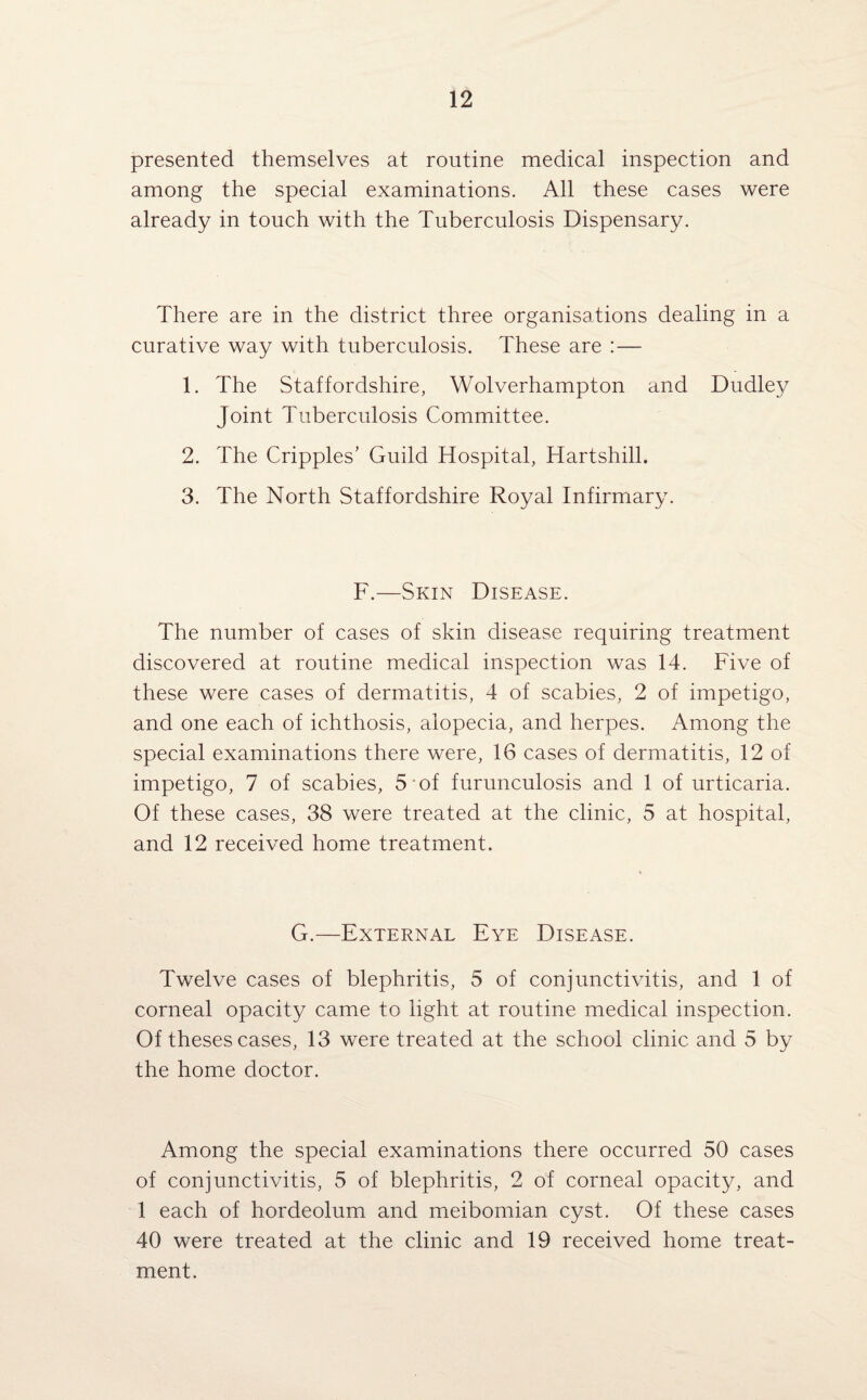 presented themselves at routine medical inspection and among the special examinations. All these cases were already in touch with the Tuberculosis Dispensary. There are in the district three organisations dealing in a curative way with tuberculosis. These are : — 1. The Staffordshire, Wolverhampton and Dudley Joint Tuberculosis Committee. 2. The Cripples’ Guild Hospital, Hartshill. 3. The North Staffordshire Royal Infirmary. F.—Skin Disease. The number of cases of skin disease requiring treatment discovered at routine medical inspection was 14. Five of these were cases of dermatitis, 4 of scabies, 2 of impetigo, and one each of ichthosis, alopecia, and herpes. Among the special examinations there were, 16 cases of dermatitis, 12 of impetigo, 7 of scabies, 5 of furunculosis and 1 of urticaria. Of these cases, 38 were treated at the clinic, 5 at hospital, and 12 received home treatment. G.—External Eye Disease. Twelve cases of blephritis, 5 of conjunctivitis, and 1 of corneal opacity came to light at routine medical inspection. Of theses cases, 13 were treated at the school clinic and 5 by the home doctor. Among the special examinations there occurred 50 cases of conjunctivitis, 5 of blephritis, 2 of corneal opacity, and 1 each of hordeolum and meibomian cyst. Of these cases 40 were treated at the clinic and 19 received home treat¬ ment.