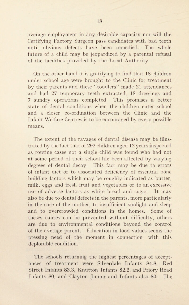 average employment in any desirable capacity nor will the Certifying Factory Surgeon pass candidates with bad teeth until obvious defects have been remedied. The whole future of a child may be jeopardized by a parental refusal of the facilities provided by the Local Authority. On the other hand it is gratifying to find that 18 children under school age were brought to the Clinic for treatment by their parents and these toddlers” made 21 attendances and had 27 temporary teeth extracted, 18 dressings and 7 sundry operations completed. This promises a better state of dental conditions when the children enter school and a closer co-ordination between the Clinic and the Infant Welfare Centres is to be encouraged by every possible means. The extent of the ravages of dental disease may be illus¬ trated by the fact that of 292 children aged 12 years inspected as routine cases not a single child was found who had not at some period of their school life been affected by varying degrees of dental decay. This fact may be due to errors of infant diet or to associated deficiency of essential bone building factors which may be roughly indicated as butter, milk, eggs and fresh fruit and vegetables or to an excessive use of adverse factors as white bread and sugar. It may also be due to dental defects in the parents, more particularly in the case of the mother, to insufficient sunlight and sleep and to overcrowded conditions in the homes. Some of theses causes can be prevented without difficulty, others are due to environmental conditions beyond the control of the average parent. Education in food values seems the pressing need of the moment in connection with this deplorable condition. The schools returning the highest percentages of accept¬ ances of treatment were Silverdale Infants 84.8, Red Street Infants 83.3, Knutton Infants 82.2, and Priory Road Infants 80, and Clayton Junior and Infants also 80. The