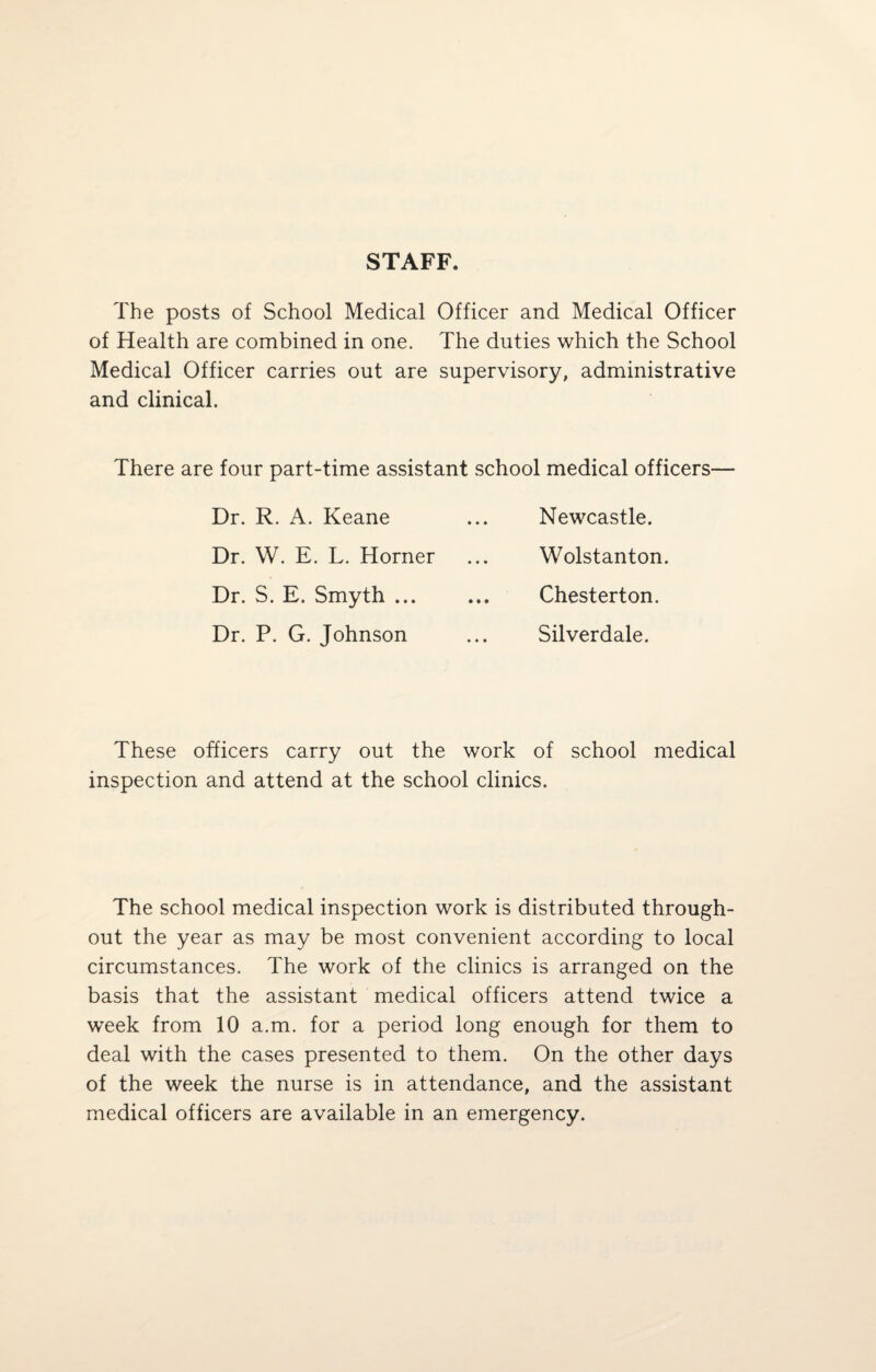 STAFF. The posts of School Medical Officer and Medical Officer of Health are combined in one. The duties which the School Medical Officer carries out are supervisory, administrative and clinical. There are four part-time assistant school medical officers— Newcastle. Wolstanton. Chesterton. Silverdale. Dr. R. A. Keane Dr. W. E. L. Horner Dr. S. E. Smyth ... Dr. P. G. Johnson These officers carry out the work of school medical inspection and attend at the school clinics. The school medical inspection work is distributed through¬ out the year as may be most convenient according to local circumstances. The work of the clinics is arranged on the basis that the assistant medical officers attend twice a week from 10 a.m. for a period long enough for them to deal with the cases presented to them. On the other days of the week the nurse is in attendance, and the assistant medical officers are available in an emergency.