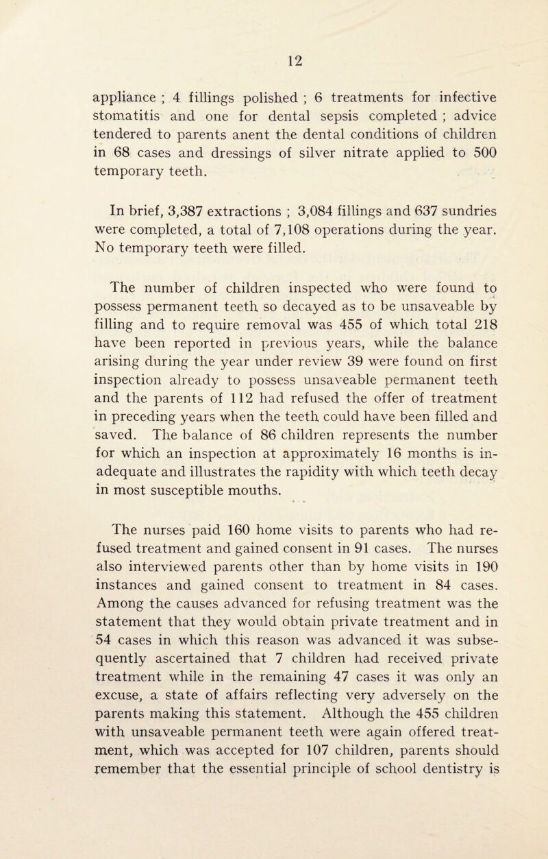 appliance ; 4 fillings polished ; 6 treatments for infective stomatitis and one for dental sepsis completed ; advice tendered to parents anent the dental conditions of children in 68 cases and dressings of silver nitrate applied to 500 temporary teeth. In brief, 3,387 extractions ; 3,084 fillings and 637 sundries were completed, a total of 7,108 operations during the year. No temporary teeth were filled. The number of children inspected who were found to possess permanent teeth so decayed as to be unsaveable by filling and to require removal was 455 of which total 218 have been reported in previous years, while the balance arising during the year under review 39 were found on first inspection already to possess unsaveable permanent teeth and the parents of 112 had refused the offer of treatment in preceding years when the teeth could have been filled and saved. The balance of 86 children represents the number for which an inspection at approximately 16 months is in¬ adequate and illustrates the rapidity with which teeth decay in most susceptible mouths. The nurses paid 160 home visits to parents who had re¬ fused treatment and gained consent in 91 cases. The nurses also interviewed parents other than by home visits in 190 instances and gained consent to treatment in 84 cases. Among the causes advanced for refusing treatment was the statement that they would obtain private treatment and in 54 cases in which this reason was advanced it was subse¬ quently ascertained that 7 children had received private treatment while in the remaining 47 cases it was only an excuse, a state of affairs reflecting very adversely on the parents making this statement. Although the 455 children with unsaveable permanent teeth were again offered treat¬ ment, which was accepted for 107 children, parents should remember that the essential principle of school dentistry is