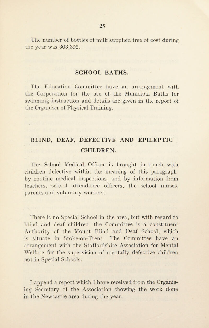 The number of bottles of milk supplied free of cost during the year was 303,392. SCHOOL BATHS. The Education Committee have an arrangement with the Corporation for the use of the Municipal Baths for swinming instruction and details are given in the report of the Organiser of Physical Training. BLIND, DEAF, DEFECTIVE AND EPILEPTIC CHILDREN. The School Medical Officer is brought in touch with children defective within the meaning of this paragraph by routine medical inspections, and by information from teachers, school attendance officers, the school nurses, parents and voluntary workers. There is no Special School in the area, but with regard to blind and deaf children the Committee is a constituent Authority of the Mount Blind and Deaf School, which is situate in Stoke-on-Trent. The Committee have an arrangement with the Staffordshire Association for Mental Welfare for the supervision of mentally defective children not in Special Schools. I append a report which I have received from the Organis¬ ing Secretary of the Association showing the work done in the Newcastle area during the year.