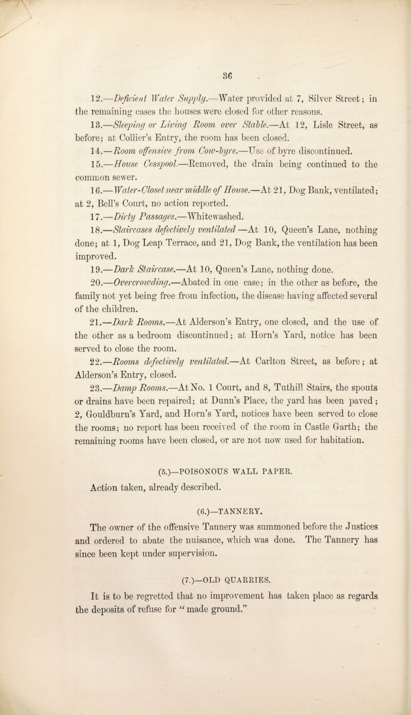 12. —Deficient Water Supply.—Water provided at 7, Silver Street; in the remaining cases the houses were closed for other reasons. o 13. —Sleeping or Living Room over Stable.—At 12, Lisle Street, as before; at Collier’s Entry, the room has been closed. 14. —Room offensive from Cow-byre.—Use of byre discontinued. 15. —House Cesspool.—Removed, the drain being continued to the common sewer. 16. — Water-Closet near middle of House.—At 21, Dog Bank, ventilated; at 2, Bell’s Court, no action reported. 17. —Dirty Passages.—Whitewashed. 18. —Staircases defectively ventilated—At 10, Queen’s Lane, nothing done; at 1, Dog Leap Terrace, and 21, Dog Bank, the ventilation has been improved. 19. —Dark Staircase.—At 10, Queen’s Lane, nothing done. 20. —Overcrowding.—Abated in one case; in the other as before, the family not yet being free from infection, the disease having affected several of the children. 21. —Dark Rooms.—At Alderson’s Entry, one closed, and the use of the other as a bedroom discontinued; at Horn’s Yard, notice has been served to close the room. 22. —Rooms defectively ventilated.—At Carlton Street, as before ; at Alderson’s Entry, closed. 23. —Damp Rooms.—At No. 1 Court, and 8, Tuthill Stairs, the spouts or drains have been repaired; at Dunn’s Place, the yard has been paved ; 2, Gouldburn’s Yard, and Horn’s Yard, notices have been served to close the rooms; no report has been received of the room in Castle Garth; the remaining rooms have been closed, or are not now used for habitation. (5.)—POISONOUS WALL PAPER. Action taken, already described. (6.)—TANNERY. The owner of the offensive Tannery was summoned before the Justices and ordered to abate the nuisance, which was done. The Tannery has since been kept under supervision. (7.)—OLD QUARRIES. It is to be regretted that no improvement has taken place as regards the deposits of refuse for “ made ground.”