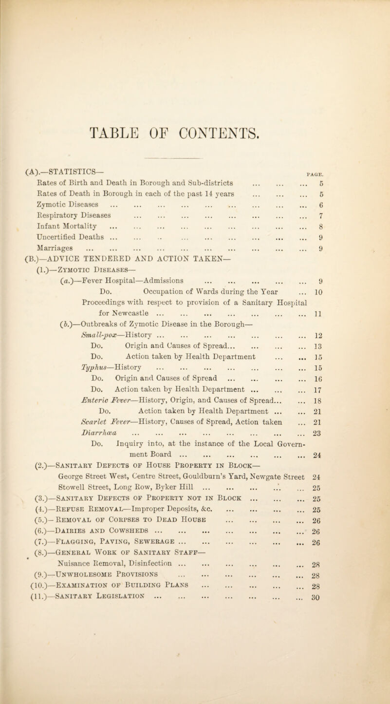 TABLE OF CONTENTS. (A).—STATISTICS— page. Rates of Birth and Death in Borough and Sub-districts ... ... ... 5 Rates of Death in Borough in each of the past 14 years ... ... ... 5 Zymotic Diseases . 6 Respiratory Diseases ... ... ... ... ... ... ... ... 7 Infant Mortality ... ... ... ... ... ... ... ... ... 8 Uncertified Deaths ... ... .. ... ... ... ... ... ... 9 Marriages ... ... ... ... ... ... ... ... ... ... 9 (B.)—ADVICE TENDERED AND ACTION TAKEN— (1.)—Zymotic Diseases— Qa.')—Fever Hospital—Admissions . Do. Occupation of Wards during the Year Proceedings with respect to provision of a Sanitary Hospital for Newcastle ... (h.')—Outbreaks of Zymotic Disease in the Borough— Small-pox—History. Do. Origin and Causes of Spread. Do. Action taken by Health Department . Typhus—History . Do, Origin and Causes of Spread . Do. Action taken by Health Department. Enteric Fever—History, Origin, and Causes of Spread. Do. Action taken by Health Department. Scarlet Fever—History, Causes of Spread, Action taken Diarrhoea 9 10 11 12 13 15 15 IG 17 18 21 21 23 Do. Inquiry into, at the instance of the Local Govern¬ ment Board. (2.)—Sanitary Dee’ects of House Property in Block— George Street West, Centre Street, Gouldbuin’s Yard, Newgate Street Stowell Street, Long Row, Byker Hill . (3.)—Sanitary Defects of Property not in Block . (4.)—Refuse Removal—Improper Deposits, &c. (5.)- Removal of Corpses to Dead House . (6.)—Dairies and Cowsheds. (7.)—Flagging, Paving, Sewerage. (8.)—General Work of Sanitary Staff— Nuisance Removal, Disinfection ... (9.)—Unwholesome Provisions . (10.)—Examination of Building Plans . (11.)—Sanitary Legislation . 24 24 25 25 25 26 26 26 28 28 28 30