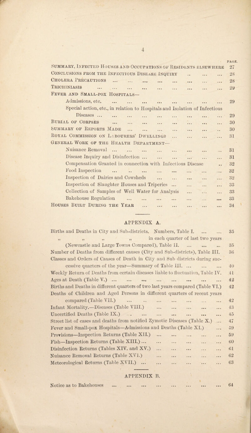 Summary, Ixpected Houses a^d Occupations op Residents elsewhere Conclusions from the Infectious Disease Inquiry . Cholera Precautions . Trichiniasis . Fever and Small-pox Hospitals— Admissions, etc. Special action, etc., in relation to Hospitals and Isolation of Infectious Diseases... Burial op Corpses . Summary of Reports Made . Royal Commission on Labourers’ Dwellings.. General Work op the Health Department^— Nuisance Removal. Disease Inquiry and Disinfection ... Compensation Granted in connection wit Food Inspection Inspection of Dairies and Cowsheds Inspection of Slaughter Houses and Triperies ... Collection of Samples of Well Water for Analysis Bakehouse Regulation . Houses Built During the Year . Infectious Disease APPENDIX A. Births and Deaths in City and Sub-districts. Numbers, Table I. ,, „ ,, „ in each quarter of last two years (Newcastle and Large Towns Compared), Table II. Number of Deaths from different causes (City and Sub-districts), Table III. Classes and Orders of Causes of Death in Cit}^ and Sub districts during suc¬ cessive quarters of the year—Summary of Table HI. ... Weekly Return of Deaths from certain diseases liable to fluctuation, I'able IV. Ages at Death (Table V.) ... .. Births and Deaths in different quarters of two last years compared (Table VI.) Deaths of Children and Aged Persons in different quarters of recent years compared (Table Vll.) Infant Mortality.—Diseases (Table VIII.) . Uncertified Deaths (Table IX.) Street list of cases and deaths from notified Zymotic Diseases (Table X.) ... Fever and Small-pox Hospitals—Admissions and Deaths (Table XI.) Provisions—Inspection Returns (Table Xll.) . . Fish—Inspection Returns (Table XIII.). . Disinfection Returns (Tables XIV. and XV.) Nuisance Removal Returns (Table XVl.) . . Meteorological Returns (Table XVII,) ... ... . APPENDIX B. Notice as to Bakehouses PAGE. 27 28 28 29 29 29 30 30 31 31 31 32 32 32 33 33 33 34 35 35 3(> 40 41 42 42 42 43 45 47 59 59 60 61 62 63 64