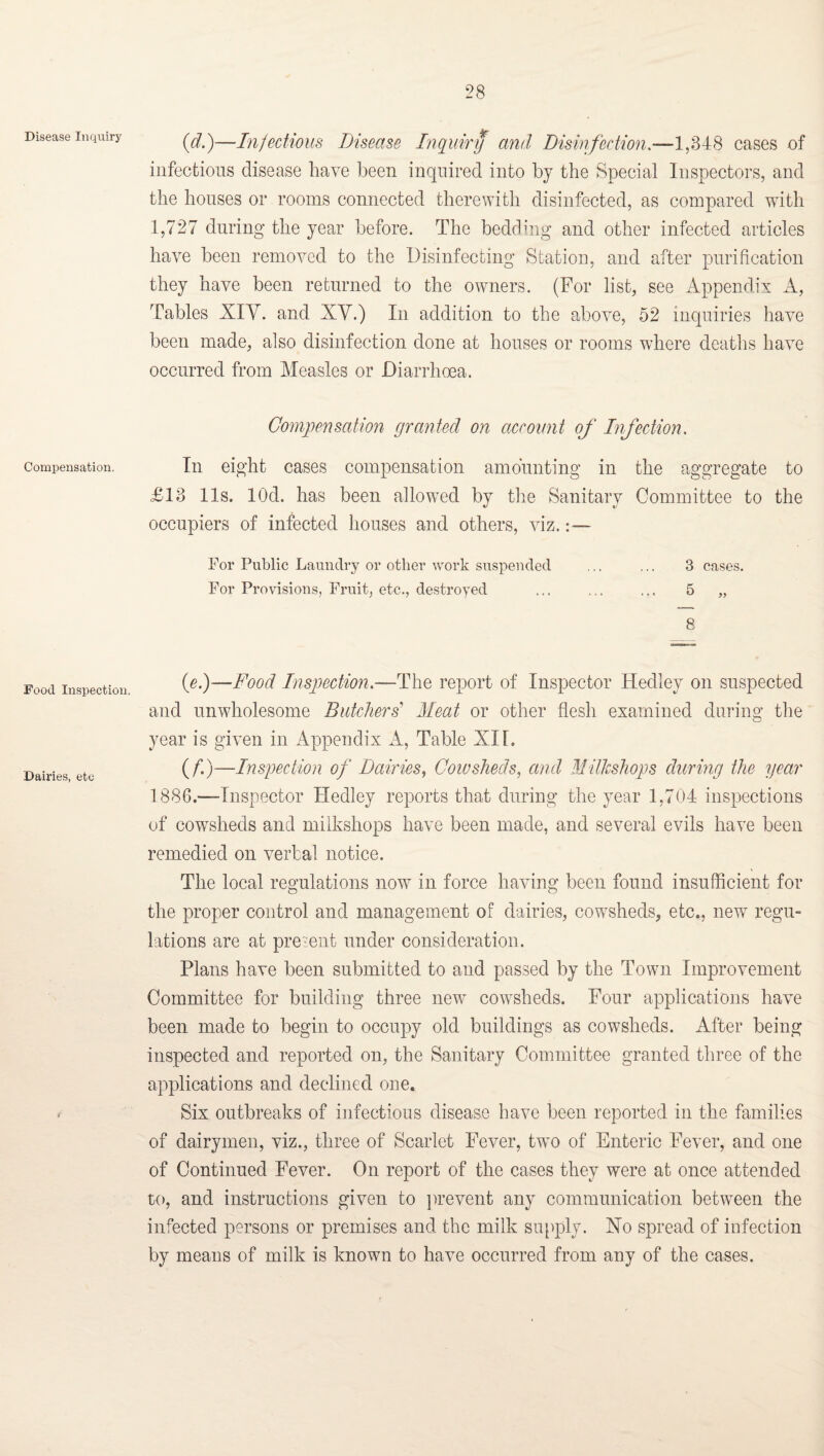 Disease Inquiry Compensation. Food Inspection. Dairies, etc {d.)—Infectious Disease Inquiry and Disinfection.—1,348 cases of infections disease have been inquired into by the Special Inspectors, and the houses or rooms connected therewith disinfected, as compared wntli 1,727 during the year before. The bedding and other infected articles have been removed to the Disinfecting Station, and after purification they have been returned to the owners. (For list, see Appendix A, Tables XIY. and XY.) In addition to the above, 52 inquiries have been made, also disinfection done at houses or rooms where deaths have occurred from Measles or Diarrhoea. Compensation granted on account of Infection. In eight cases compensation amounting in the aggregate to £13 11s. lOd. has been allow^ed by the Sanitary Committee to the occupiers of infected houses and others, viz.:— For Public Laundry or other work suspended ... ... 3 cases. For Provisions, Fruit, etc., destroyed ... ... ... 5 „ 8 (e.)—Food Inspection.—The report of Inspector Hedley on suspected and unwholesome Butchers' Meat or other flesh examined during the year is given in Appendix A, Table XIL (/■.)—Inspection of Dairies^ Coivsheds, and Milhshops during the year 1886.—Inspector Hedley reports that during the year 1,704 inspections of cowsheds and milkshops have been made, and several evils have been remedied on verbal notice. The local regulations now in force having been found insufficient for the proper control and management of dairies, cowsheds, etc., new regu¬ lations are at premnt under consideration. Plans have been submitted to and passed by the Town Improvement Committee for building three new cowsheds. Four applications have been made to begin to occupy old buildings as cowsheds. After being inspected and reported on, the Sanitary Committee granted three of the applications and declined one. Six outbreaks of infectious disease have been reported in the families of dairymen, viz., three of Scarlet Fever, two of Enteric Fever, and one of Continued Fever. On report of the cases they were at once attended to, and instructions given to ])revent any communication between the infected persons or premises and the milk siq^ply. No spread of infection by means of milk is known to have occurred from any of the cases.