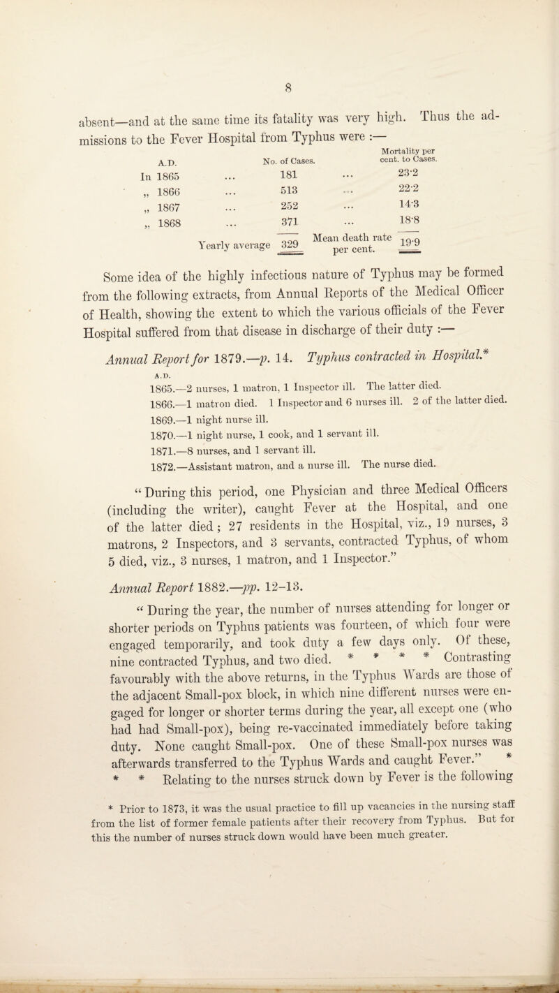absent—and at the same time its fatality was very high. Thus the ad missions to the Fever Hospital from Typhus were A.D. Mortality per No. of Cases. cent, to Cases. In 1865 • • • 181 23-2 99 1866 • • • 513 22-2 o 1867 ♦ . . 252 14-3 9* 1868 . • . 371 18-8 Yearly average 329 Mean death rate per cent. ■- Some idea of the highly infectious nature of Typhus may be formed from the following extracts, from Annual Reports of the Medical Officer of Health, showing the extent to which the various officials of the Fever Hospital suffered from that disease in discharge of their duty : Annual Report for 1879.—p. 14. Typhus contracted in Hospital* A.D. 1865. —2 nurses, 1 matron, 1 Inspector ill. The latter died. 1866. —1 matron died. 1 Inspector and 6 nurses ill. 2 of the latter died. 1869. —1 night nurse ill. 1870. -1 night nurse, 1 cook, and 1 servant ill. 1871. —8 nurses, and 1 servant ill. 1872. —Assistant matron, and a nurse ill. The nurse died. “ During this period, one Physician and three Medical Officers (including the writer), caught Fever at the Hospital, and one of the latter died; 27 residents in the Hospital, viz., 19 nurses, 3 matrons, 2 Inspectors, and 3 servants, contracted Typhus, of whom 5 died, viz., 3 nurses, 1 matron, and 1 Inspector.” Annual Report 1882.—pp. 12-13. “ During the year, the number of nurses attending for longer or shorter periods on Typhus patients was fourteen, of which four were engaged temporarily, and took duty a few days only. Of these, nine contracted Typhus, and two died. * * Contrasting favourably with the above returns, in the Typhus A\ ards aie those of the adjacent Small-pox block, in which nine different nurses weie en¬ gaged for longer or shorter terms during the year, all except one (who had had Small-pox), being re-vaccinated immediately before taking duty. None caught Small-pox. One of these Small-pox nurses was afterwards transferred to the Typhus Wards and caught lever. * * Relating to the nurses struck down by Fever is the following * Prior to 1873, it was the usual practice to fill up vacancies in the nuising staff from the list of former female patients after their recovery from Typhus. But for this the number of nurses struck down would have been much greater.