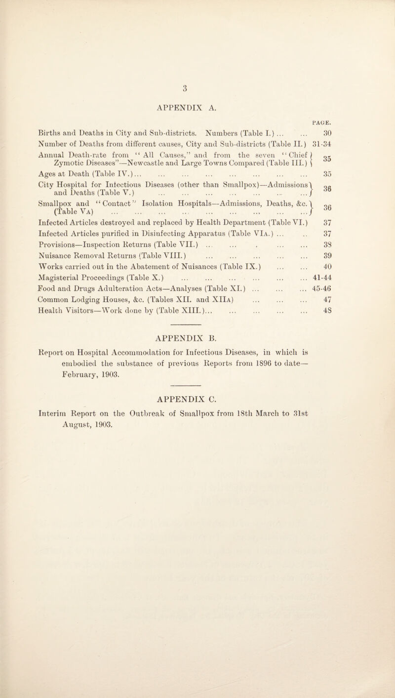 APPENDIX A. Births and Deaths in City and Sub-districts. Numbers (Table I.) ... Number of Deaths from different causes, City and Sub-districts (Table II.) Annual Death-rate from “All Causes,” and from the seven “Chief Zymotic Diseases”—Newcastle and Large Towns Compared (Table III.) Ages at Death (Table IV.)... City Hospital for Infectious Diseases (other than Smallpox)—Admissions and Deaths (Table V.) Smallpox and “Contact” Isolation Hospitals—Admissions, Deaths, &c (Table Va) Infected Articles destroyed and replaced by Health Department (Table VI.) Infected Articles purified in Disinfecting Apparatus (Table VIa.) ... Provisions—Inspection Returns (Table VII.) ... Nuisance Removal Returns (Table VIII.) Works carried out in the Abatement of Nuisances (Table IX.) Magisterial Proceedings (Table X.) Food and Drugs Adulteration Acts—Analyses (Table XI.) ... Common Lodging Houses, &c. (Tables XII. and XIIa) Health Visitors—Work done by (Table XIII.)... PAGE. 30 31-34 35 35 } 36 } 36 37 37 33 39 40 41-44 45-46 47 4S APPENDIX B. Report on Hospital Accommodation for Infectious Diseases, in which is embodied the substance of previous Reports from 1896 to date— February, 1903. APPENDIX C. Interim Report on the Outbreak of Smallpox from 18th March to 31st August, 1903.