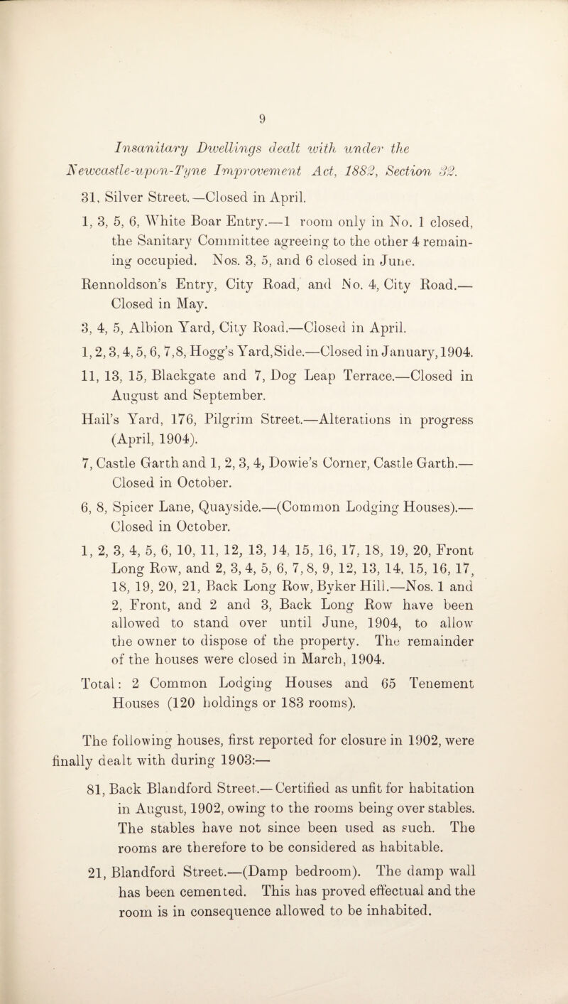 Insanitary Dwellings dealt with under the Aewcastle-upon-Tyne Improvement Act, 1881, Section 3C2. 31, Silver Street.—Closed in April. 1, 3, 5, 6, White Boar Entry.—1 room only in No. 1 closed, the Sanitary Committee agreeing to the other 4 remain¬ ing occupied. Nos. 3, 5, and 6 closed in June. Rennoldson’s Entry, City Road, and No. 4, City Road.— Closed in May. 3, 4, 5, Albion Yard, City Road.—Closed in April. I, 2, 3, 4, 5, 6, 7,8, Hogg’s Yard,Side.—Closed in January, 1904. II, 13, 15, Blackgate and 7, Dog Leap Terrace.—Closed in August and September. Hail’s Yard, 176, Pilgrim Street.—Alterations in progress (April, 1904). 7, Castle Garth and 1, 2, 3, 4, Dowie’s Corner, Castle Garth.— Closed in October. 6, 8, Spicer Lane, Quayside.—(Common Lodging Houses).— Closed in October. 1, 2, 3, 4, 5, 6, 10, 11, 12, 13, 34, 15, 16, 17, 18, 19, 20, Front Long Row, and 2, 3, 4, 5, 6, 7, 8, 9, 12, 13, 14, 15, 16, 17, 18, 19, 20, 21, Back Long Row, Byker Hill.—Nos. 1 and 2, Front, and 2 and 3, Back Long Row have been allowed to stand over until June, 1904, to allow the owner to dispose of the property. The remainder of the houses were closed in March, 1904. Total: 2 Common Lodging Houses and 65 Tenement Houses (120 holdings or 183 rooms). The following houses, first reported for closure in 1902, were finally dealt with during 1903:— 81, Back Blandford Street.— Certified as unfit for habitation in August, 1902, owing to the rooms being over stables. The stables have not since been used as such. The rooms are therefore to be considered as habitable. 21, Blandford Street.—(Damp bedroom). The damp wall has been cemented. This has proved effectual and the room is in consequence allowed to be inhabited.