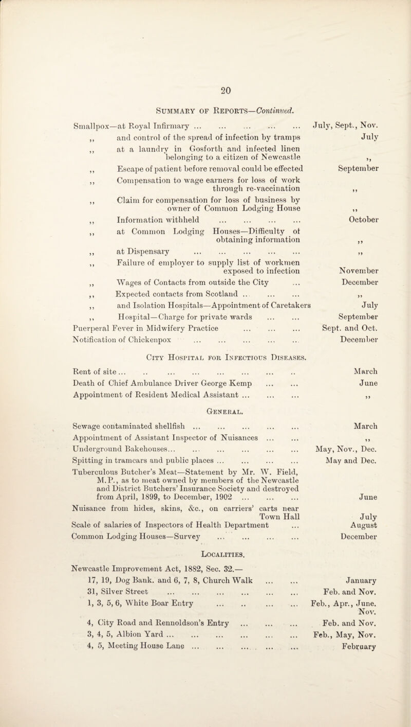 Summary of Reports—Continued. Smallpox—at Royal Infirmary ... ,, and control of the spread of infection by tramps ,, at a laundry in Gosfortli and infected linen belonging to a citizen of Newcastle ,, Escape of patient before removal could be effected ,, Compensation to wage earners for loss of work through re-vaccination ,, Claim for compensation for loss of business by owner of Common Lodging House ,, Information withheld . ,, at Common Lodging Houses—Difficulty of obtaining information July, Sept., Nov. July >> September 5 5 5 5 October ,, at Dispensary ,, Failure of employer to supply list of workmen exposed to infection ,, Wages of Contacts from outside the City ,, Expected contacts from Scotland ... ,, and Isolation Hospitals—Appointment of Caretakers ,, Hospital—Charge for private wards Puerperal Fever in Midwifery Practice Notification of Chickenpox 55 November December 55 July September Sept, and Oct. December City Hospital for Infectious Diseases. Rent of site... Death of Chief Ambulance Driver George Kemp Appointment of Resident Medical Assistant ... March June 55 General. Sewage contaminated shellfish ... Appointment of Assistant Inspector of Nuisances ... Underground Bakehouses... Spitting in tramcars and public places ... Tuberculous Butcher’s Meat—Statement by Mr. W. Field, M.P., as to meat owned by members of the Newcastle and District Butchers’ Insurance Society and destroyed from April, 1899, to December, 1902 Nuisance from hides, skins, &c., on carriers’ carts near Town Hall Scale of salaries of Inspectors of Health Department Common Lodging Houses—Survey March 55 May, Nov., Dec. May and Dec. June July August December Localities, Newcastle Improvement Act, 1882, Sec. 32.— 17, 19, Dog Bank, and 6, 7, 8, Church Walk 31, Silver Street 1, 3, 5, 6, White Boar Entry 4, City Road and Rennoldsoil’s Entry 3, 4, 5, Albion Yard ... 4, 5, Meeting House Lane ... January Feb. and Nov. Feb., Apr., June. Nov. Feb. and Nov. Feb., May, Nov. February