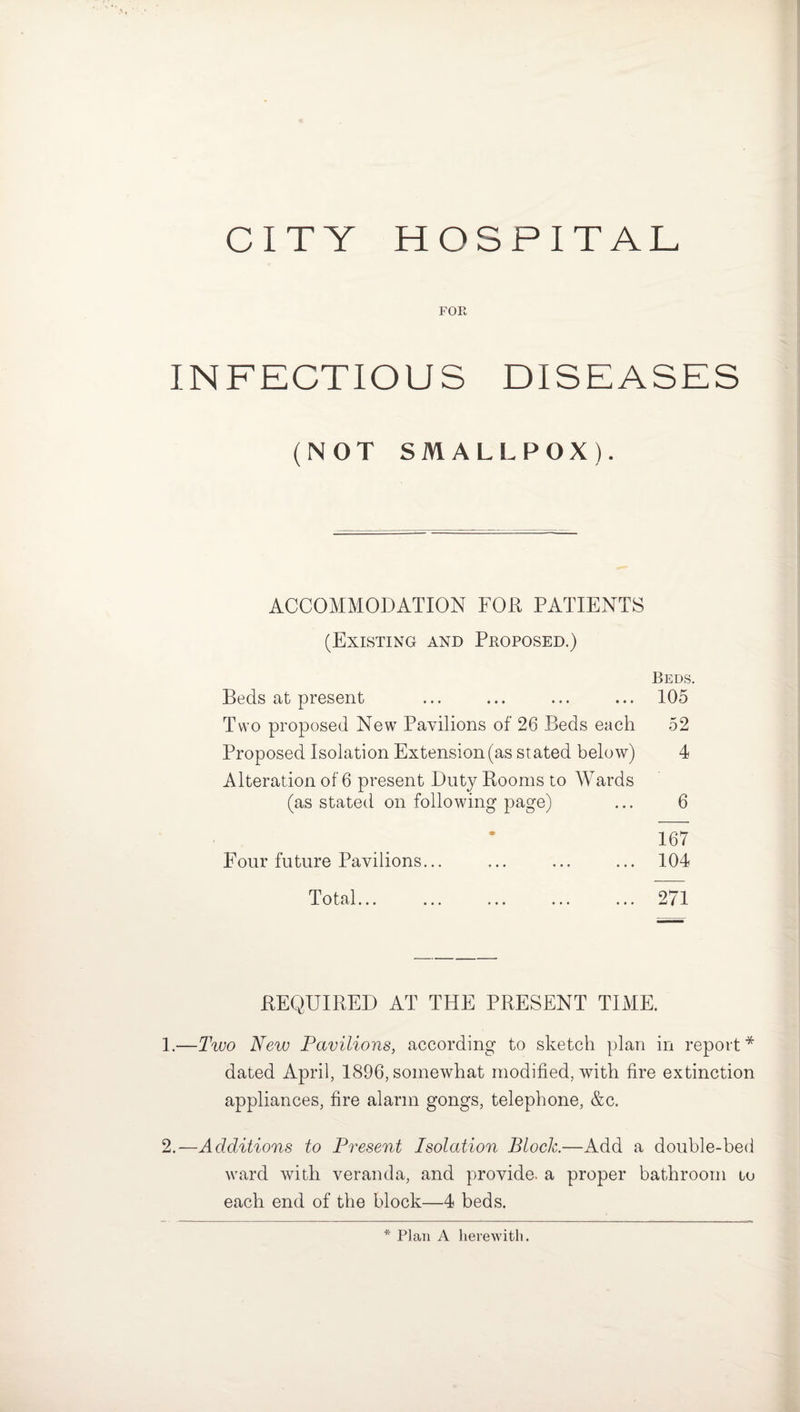CITY HOSPITAL FOR INFECTIOUS DISEASES (NOT SMALLPOX). ACCOMMODATION FOR PATIENTS (Existing and Proposed.) Beds. Beds at present ... ... ... ... 105 Two proposed New Pavilions of 26 Beds each 52 Proposed Isolation Extension (as stated below) 4 Alteration of 6 present Duty Booms to Wards (as stated on following page) ... 6 167 Four future Pavilions... ... ... ... 104 Total... 271 BEQUIRED AT THE PRESENT TIME. 1. —Two New Pavilions, according to sketch plan in report* dated April, 1896, somewhat modified, with fire extinction appliances, fire alarm gongs, telephone, &c. 2. —Additions to Present Isolation Bloch—Add a double-bed ward with veranda, and provide, a proper bathroom to each end of the block—4 beds. * Plan A herewith.