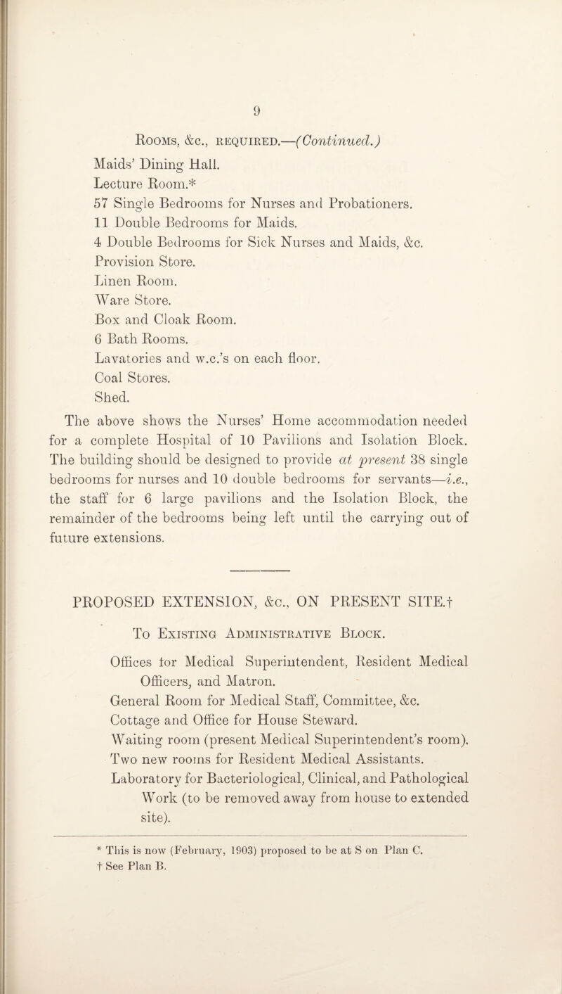 Rooms, &c., required.—(Continued.) Maids’ Dining Hail. Lecture Room.* 57 Single Bedrooms for Nurses and Probationers. 11 Double Bedrooms for Maids. 4 Double Bedrooms for Sick Nurses and Maids, &c. Provision Store. Linen Room. Ware Store. Box and Cloak Room. 6 Bath Rooms. Lavatories and w.c.’s on each floor. Coal Stores. Shed. The above shows the Nurses’ Home accommodation needed for a complete Hospital of 10 Pavilions and Isolation Block. The building should be designed to provide at present 38 single bedrooms for nurses and 10 double bedrooms for servants—i.e., the staff for 6 large pavilions and the Isolation Block, the remainder of the bedrooms being left until the carrying out of future extensions. PROPOSED EXTENSION, &c„ ON PRESENT SITE.f To Existing Administrative Block. Offices tor Medical Superintendent, Resident Medical Officers, and Matron. General Room for Medical Staff, Committee, &c. Cottage and Office for House Steward. Waiting room (present Medical Superintendent’s room). Two new rooms for Resident Medical Assistants. Laboratory for Bacteriological, Clinical, and Pathological Work (to be removed away from house to extended site). * This is now (February, 1903) proposed to be at S on Plan C. f See Plan B.