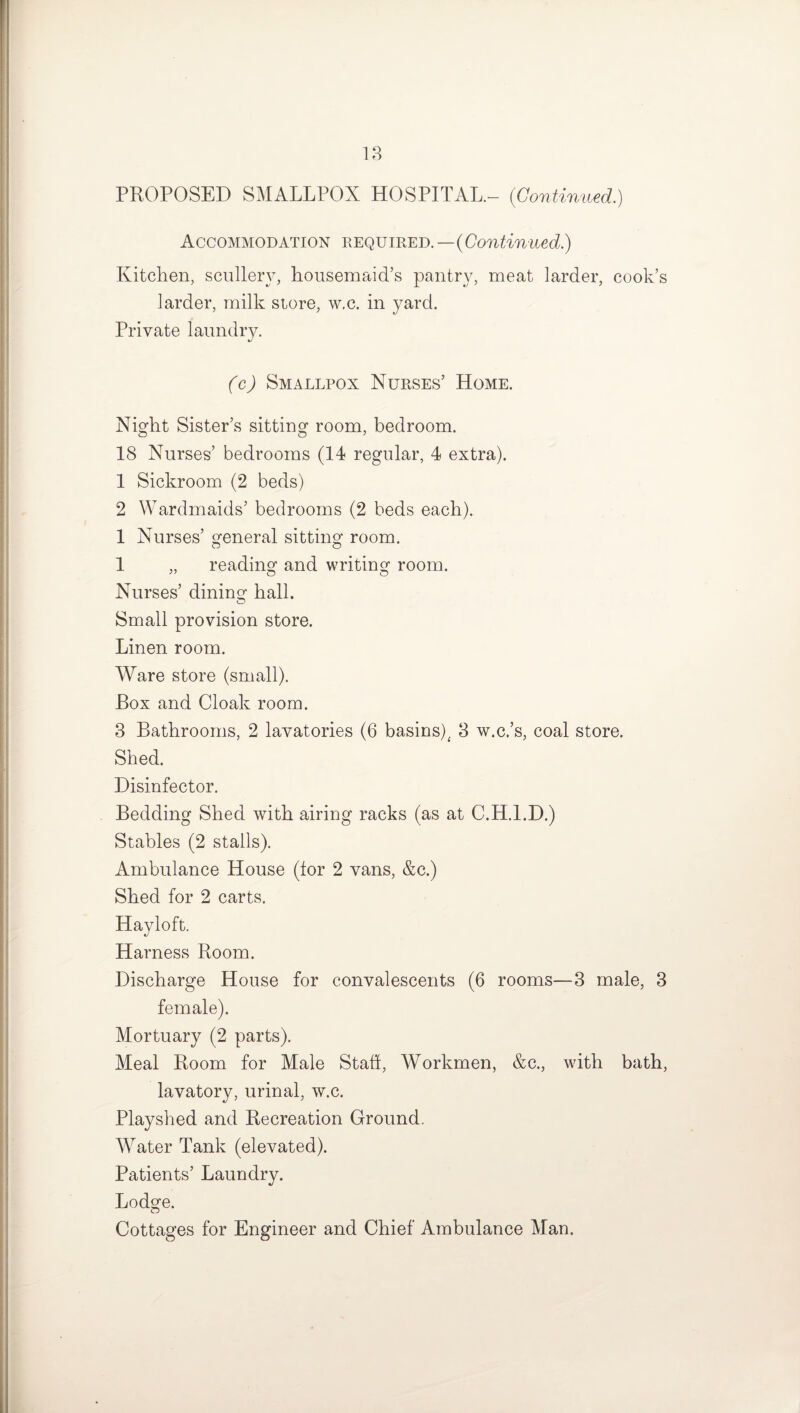 PROPOSED SMALLPOX HOSPITAL.- {Continued.) Accommodation required. —{Continued) Kitchen, scullery, housemaid’s pantry, meat larder, cook’s larder, milk store, w.c. in yard. Private laundry. (c) Smallpox Nurses’ Home. Night Sister’s sitting room, bedroom. 18 Nurses’ bedrooms (14 regular, 4 extra). 1 Sickroom (2 beds) 2 Wardmaids’ bedrooms (2 beds each). 1 Nurses’ general sitting room. 1 „ reading and writing room. Nurses’ dining hall. Small provision store. Linen room. Ware store (small). Box and Cloak room. 3 Bathrooms, 2 lavatories (6 basins), 3 w.c.’s, coal store. Shed. Disinfector. Bedding Shed with airing racks (as at C.H.l.D.) Stables (2 stalls). Ambulance House (tor 2 vans, &c.) Shed for 2 carts. Hayloft. Harness Room. Discharge House for convalescents (6 rooms—3 male, 3 female). Mortuary (2 parts). Meal Room for Male Stab, Workmen, &c., with bath, lavatory, urinal, w.c. Playshed and Recreation Ground. Water Tank (elevated). Patients’ Laundry. Lodge. Cottages for Engineer and Chief Ambulance Man.