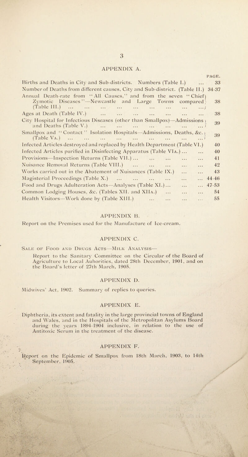APPENDIX A. PAGE. Births and Deaths in City and Sub-districts. Numbers (Table I.) ... 33 Number of Deaths from different causes, City and Sub-district. (Table II.) 34-37 Annual Death-rate from “All Causes,” and from the seven “Chief) Zymotic Diseases”—Newcastle and Large Towns compared; (Table III.) ... ... ... ... ... ... ... ... ...; Ages at Death (Table IV.) City Hospital for Infectious Diseases (other than Smallpox)—Admissions ) and Deaths (Table V.) ... ... ... ... ... ... ... i Smallpox and “Contact” Isolation Hospitals—Admissions, Deaths, &c. ) (Table Va.) ... ... ... ... ... ... ... ... ... i Infected Articles destroyed and replaced by Health Department (Table VI.) Infected Articles purified in Disinfecting Apparatus (Table VIa.) ... Provisions—Inspection Returns (Table VII.) ... Nuisance Removal Returns (Table VIII.) Works carried out in the Abatement of Nuisances (Table IX.) Magisterial Proceedings (Table X.) Food and Drugs Adulteration Acts—Analyses (Table XI.)... Common Lodging Houses, &c. (Tables XII. and XIIa.) Health Visitors—Work done by (Table XIII.) 38 38 39 39 40 40 41 42 43 44-46 47-53 54 55 APPENDIX B. Report on the Premises used for the Manufacture of Ice-cream. APPENDIX C. Sale of Food and Drugs Acts—Milk Analysis— Report to the Sanitary Committee on the Circular of the Board of Agriculture to Local Auhorities, dated 28th December, 1901, and on the Board’s letter of 27th March, 1905. APPENDIX I). Midwives1 Act, 1902. Summary of replies to queries. APPENDIX E. Diphtheria, its extent and fatality in the large provincial towns of England and Wales, and in the Hospitals of the Metropolitan Asylums Board during the years 1894-1904 inclusive, in relation to the use of Antitoxic Serum in the treatment of the disease. APPENDIX F. Report on the Epidemic of Smallpox from 18th March, 1903, to 14th September, 1905.