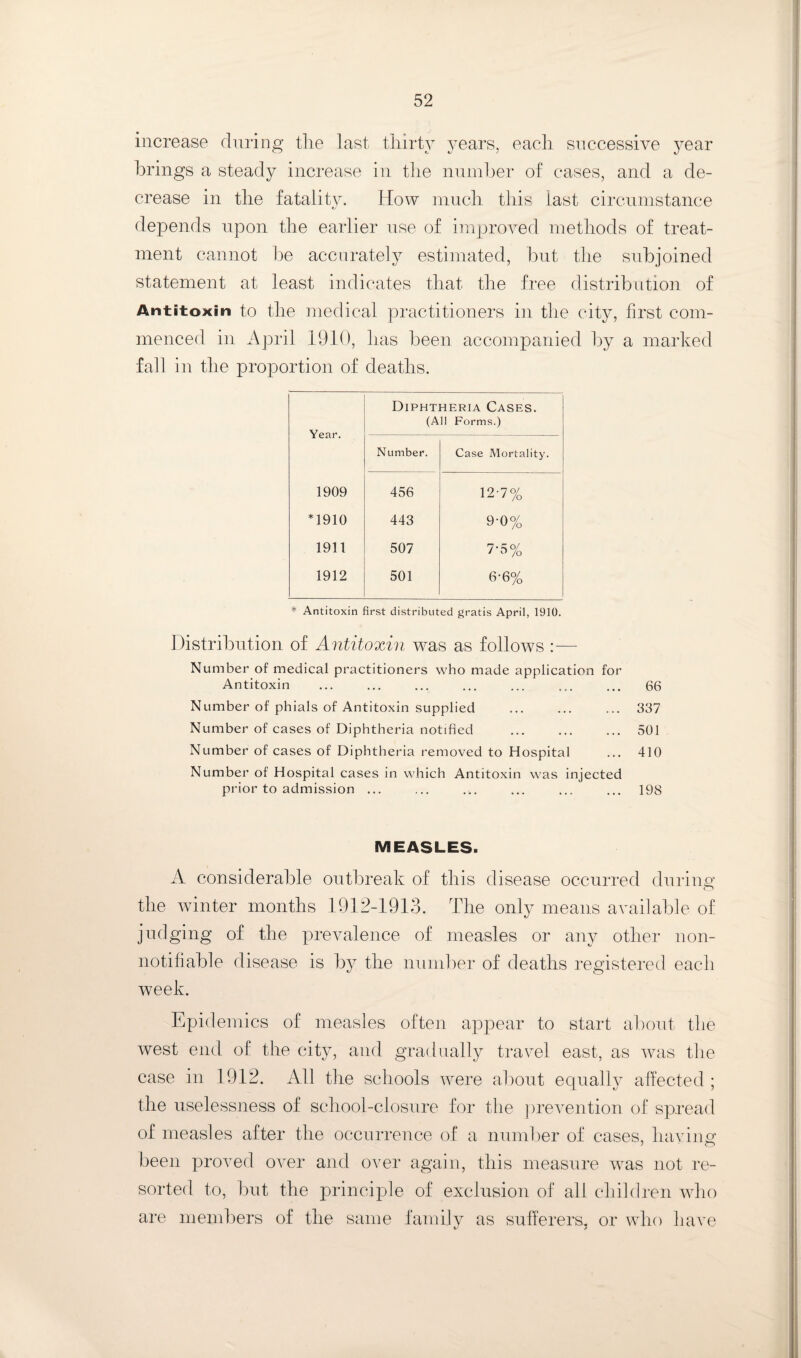 increase during tlie last thirty years, each successive year brings a steady increase in the number of cases, and a de¬ crease in the fatality. How much this last circumstance depends upon the earlier use of impiwed methods of treat¬ ment cannot be accurately estimated, but the subjoined statement at least indicates that the free distribution of Antitoxin to the medical practitioners in the city, first com¬ menced in April 1910, has been accompanied by a marked fall in the proportion of deaths. Year. Diphtheria Cases. (All Forms.) Number. Case Mortality. 1909 456 12-7% *1910 443 9-0% 1911 507 7-5% 1912 501 6-6% * Antitoxin first distributed gratis April, 1910. Distribution of Antitoxin was as follows :— Number of medical practitioners who made application for Antitoxin ... ... ... ... ... ... ... 66 Number of phials of Antitoxin supplied ... ... ... 337 Number of cases of Diphtheria notified ... ... ... 501 Number of cases of Diphtheria removed to Hospital ... 410 Number of Hospital cases in which Antitoxin was injected prior to admission ... ... ... ... ... ... 198 MEASLES. A considerable outbreak of this disease occurred durinv the winter months 1912-1913. The only means available of judging of the prevalence of measles or any other non- notifiable disease is by the number of deaths registered each week. Epidemics of measles often appear to start about the west end of the city, and gradually travel east, as was the case in 1912. All the schools were about equally affected ; the uselessness of school-closure for the prevention of spread of measles after the occurrence of a number of cases, liaviim been proved over and over again, this measure was not re¬ sorted to, but the principle of exclusion of all children who are mendiers of the same family as sufferers, or who have
