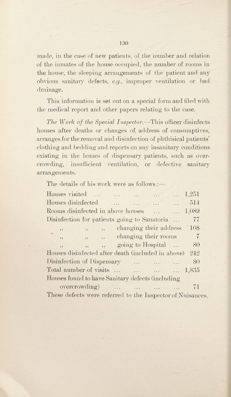made, in the case of new patients, of the number and relation of the inmates of the house occupied, the number of rooms in the house, the sleeping arrangements of the patient and any obvious sanitary defects, e.g., improper ventilation or bad drainage. This information is set out on a special form and filed with the medical report and other papers relating to the case. The Work of the Special Inspector.—-This officer disinfects houses after deaths or changes of address of consumptives, arranges for the removal and disinfection of phthisical patients’ clothing and bedding and reports on any insanitary conditions existing in the homes of dispensary patients, such as over¬ crowding, insufficient ventilation, or defective sanitary arrangements. The details of his work were as follows :— Houses visited ... ... ... ... ... 1,251 Houses disinfected ... ... ... ... 514 Rooms disinfected in above houses ... ... 1,089 Disinfection for patients going to Sanatoria ... 77 ,, ,, ,, changing their address 108 „ ,, ,, changing their rooms 7 ,, ,, ,, going to Hospital ... 80 Houses disinfected after death (included in above) 242 Disinfection of Dispensary ... ... ... 80 Total number of visits ... ... ... ... 1,835 Houses found to have Sanitary defects (including overcrowding) ... ... ... ... 71 These defects were referred to the Inspector of Nuisances.