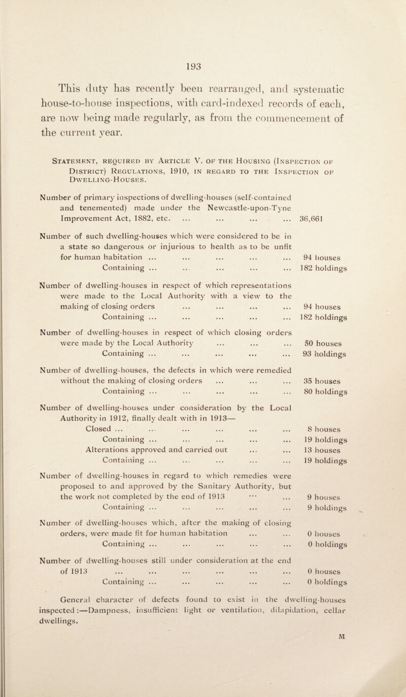 This duty has recently been rearranged, and systematic house-to-house inspections, with card-indexed records of each, are now being made regularly, as from the commencement of the current year. Statement, required by Article V. of the Housing (Inspection of District) Regulations, 1910, in regard to the Inspection of Dwelling-Houses. Number of primary inspections of dwelling-houses (self-contained and tenemented) made under the Newcastle-upon-Tyne Improvement Act, 1882, etc. ... ... ... ... 36,661 Number of such dwelling-houses which were considered to be in a state so dangerous or injurious to health as to be unfit for human habitation ... ... ... ... ... 94 houses Containing ... ... ... ... ... 182 holdings Number of dwelling-houses in respect of which representations were made to the Local Authority with a view to the making of closing orders ... ... ... ... 94 houses Containing ... ... ... ... ... 182 holdings Number of dwelling-houses in respect of which closing orders were made by the Local Authority Containing ... 50 houses 93 holdings Number of dwelling-houses, the defects in which were remedied without the making of closing orders Containing ... 35 houses 80 holdings Number of dwelling-houses under consideration by the Local Authority in 1912, finally dealt with in 1913— Closed ... ».' ... ... ... ... Containing ... Alterations approved and carried out Containing ... 8 houses 19 holdings 13 houses 19 holdings Number of dwelling-houses in regard to which remedies were proposed to and approved by the Sanitary Authority, but the work not completed by the end of 1913 ••• ... 9 houses Containing ... ... ... ... ... 9 holdings Number of dwelling-houses which, after the making of closing orders, were made fit for human habitation Containing ... 0 houses 0 holdings Number of dwelling-houses still under consideration at the end of 1913 ... ... ... ... ... ... 0 houses Containing ... ... ... ... ... 0 holdings General character of defects found to exist in the dwelling-houses inspected:—-Dampness, insufficient light or ventilation, dilapidation, cellar dwellings. M