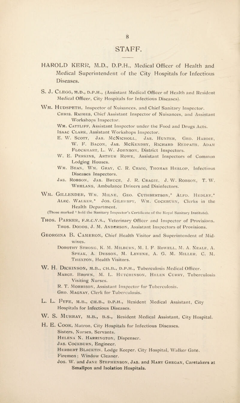 STAFF. HAROLD KERR, M.D., D.P.H., Medical Officer of Health and Medical Superintendent of the City Hospitals for Infectious Diseases. S. J. CLEGG, M.D., D.P.H., (Assistant Medical Officer of H ealth and Resident Medical Officer, City Hospitals for Infectious Diseases). Wm. H UDSPETH, Inspector of Nuisances, and Chief Sanitary Inspector. Chris. Raimes, Chief Assistant Inspector of Nuisances, and Assistant Workshops Inspector. Wm. Cattliff, Assistant Inspector under the Food and Drugs Acts. Isaac Clark, Assistant Workshops Inspector. E. W. Scott, Jas. McNicholl, Jas. Hunter, Geo. Hardie, W. F. Bacon, Jas. McKendry, Richard Redpath, Adam Flockhart, L. W. Johnson, District Inspectors. W. E. Perkins, Arthur Rowe, Assistant Inspectors of Common Lodging Houses. Wm. Bean, Wm. Gray, C. R. Craig, Thomas Heslop. Infectious Diseases Inspectors. Jas. Robson, Jas. Bruce, J. R. Cragie, J. W. Robson, T. W. Whelans, Ambulance Drivers and Disinfectors. Wm. Gillender, Wm. Milne, Geo. Cuthbertson,* Alfd. Hedley,* Alec. Walker,* Jos. Gilhespy, Wm. Cockburn, Clerks in the Health Department. (Those marked * hold the Sanitary Inspector’s Certificate of the Royal Sanitary Institute), Thos. PARKER, F.R.C.V.S., Veterinary Officer and Inspector of Provisions. Thos. Dodds, J. M. Anderson, Assistant Inspectors of Provisions. GEORGINA B. Cameron, Chief Health Visitor and Superintendent of Mid¬ wives. Dorothy Strong, K. M. Milburn, M. I. F Rowell, M. A. Neale, A. Speak, A. Desson, M. Levene, A. G. M. Miller, C. M. Thexton, Health Visitors. W. H. DlCKINSON, M.B., CH.B., D.P.H., Tuberculosis Medical Officer. Margt. Brown, M. L. Hutchinson, Helen Curry, Tuberculosis Visiting Nurses. R. T. Morrison, Assistant Inspector for Tuberculosis. Geo. Magnay, Clerk for Tuberculosis. L. L. Fyfe, M.B., CH.B., D.P.H., Resident Medical Assistant, City Hospitals for Infectious Diseases. W. S. Murray, M.B., B.S., Resident Medical Assistant, City Hospital. H. E. Cook, Matron, City Hospitals for Infectious Diseases. Sisters, Nurses, Servants. Helena N. Harrington, Dispenser. Jas. Cockburn, Engineer. Herbert Blacktin. Lodge Keeper, City Hospital, Walker Gate. Firemen ; Window Cleaner. Jos. W. and Jane Stephenson, Jas. and Mary Gregan, Caretakers at Smallpox and Isolation Hospitals.