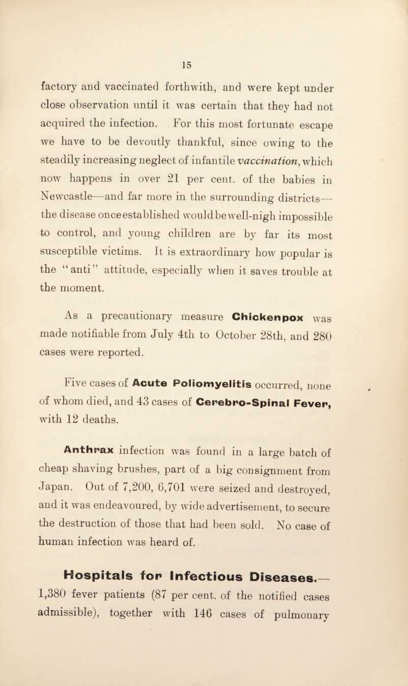 factory and vaccinated forthwith, and were kept under close observation until it was certain that they had not acquired the infection. For this most fortunate escape we have to be devoutly thankful, since owing to the steadily increasing neglect of infantile vaccination, which now happens in over 21 per cent, of the babies in Newcastle—and far more in the surrounding districts— the disease once established would be well-nigh impossible to control, and young children are by far its most susceptible victims. It is extraordinary how popular is the “anti” attitude, especially when it saves trouble at the moment. As a precautionary measure Chickenpox was made notifiable from July 4th to October 28th, and 280 cases were reported. Five cases of Acute Poliomyelitis occurred, none of whom died, and 43 cases of Cerehro-Spitial Fever, with 12 deaths. Anthrax infection was found in a large batch of cheap shaving brushes, part of a big consignment from Japan. Out of 7,200, 6,701 were seized and destroyed, and it was endeavoured, by wide advertisement, to secure the destruction of those that had been sold. No case of human infection was heard of. Hospitals for infectious Diseases.— 1,380 fever patients (87 per cent, of the notified cases admissible), together with 146 cases of pulmonarv