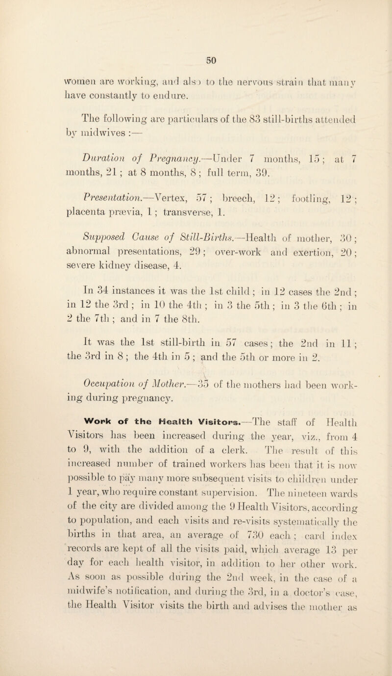 women are working, and also to the nervous strain that many have constantly to endure. The following are particulars of the 83 still-births attended by midwives :— Duration of Pregnancy.—Under 7 months, 15; at 7 months, 21 ; at 8 months, 8 ; full term, 39. Presentation.—Vertex, 57; breech, 12; footling, 12; placenta prsevia, 1; transverse, 1. Supposed Cause of Still-Births.—Health of mother, 30 ; abnormal presentations, 29; over-work and exertion, 20; severe kidney disease, 4. In 34 instances it was the 1st child ; in 12 cases the 2nd; in 12 the 3rd ; in 10 the 4th ; in 3 the 5th; in 3 the 6th ; in 2 the 7th ; and in 7 the 8th. It was the 1st still-birth in 57 cases; the 2nd in 11; the 3rd in 8 ; the 4th in 5 ; and the 5th or more in 2. Occupation of Mother.—35 of the mothers had been work¬ ing during pregnancy. Work of the HeaSth Visit©rs»—The staff of Health Visitors has been increased during the year, viz., from 4 to 9, with the addition of a clerk. The result of this increased number of trained workers has been that it is now possible to pay many more subsequent visits to children under 1 year, who require constant supervision. The nineteen wards of the city are divided among the 9 Health Visitors, according to population, and each visits and re-visits systematically the births in that area, an average of 730 each ; card index records are kept of all the visits paid, which average 13 per day for each health visitor, in addition to her other work. As soon as possible during the 2nd week, in the case of a midwife’s notification, and during the 3rd, in a doctor’s case, the Health Visitor visits the birth and advises the mother as