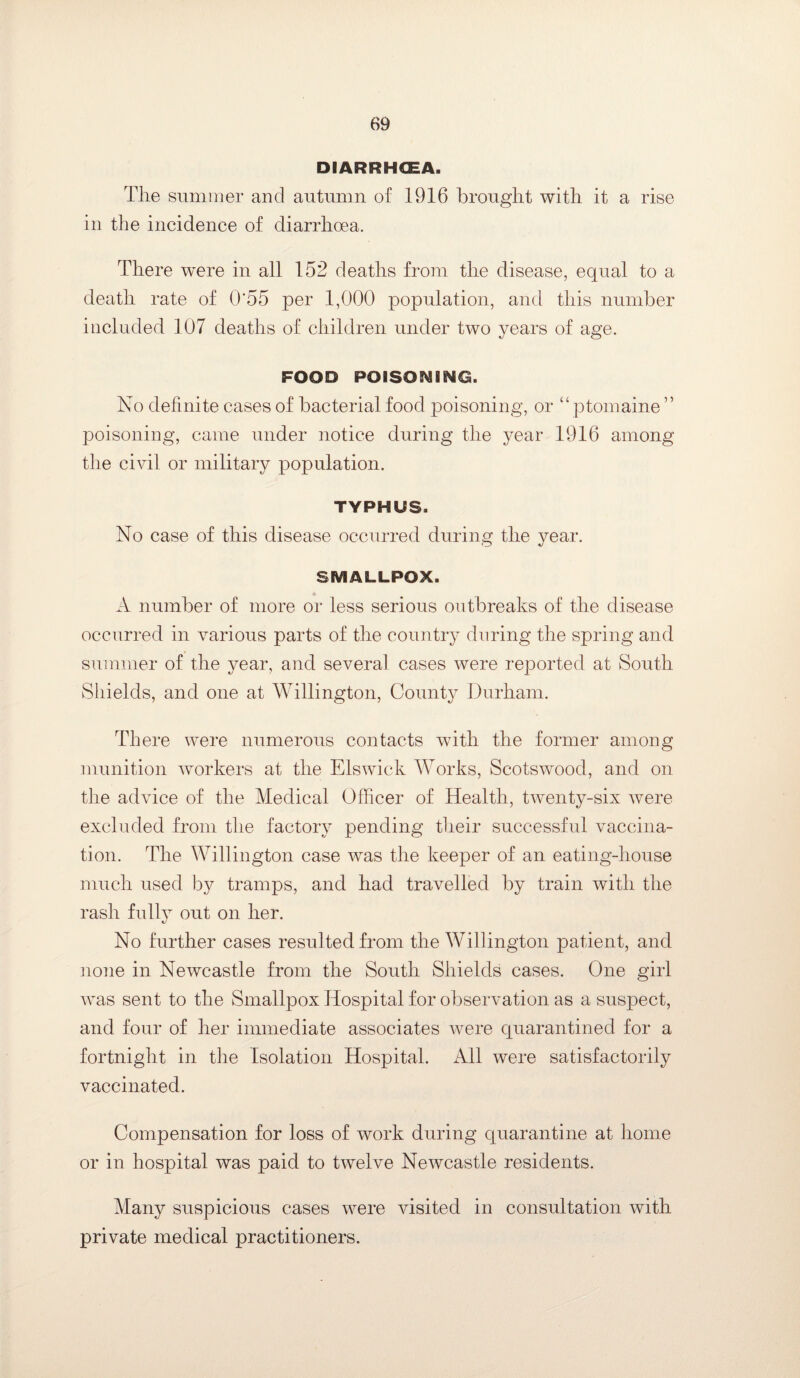 DIARRHOEA. The summer and autumn of 1916 brought with it a rise in the incidence of diarrhoea. There were in all 152 deaths from the disease, equal to a death rate of 0'55 per 1,000 population, and this number included 107 deaths of children under two years of age. FOOD POISONING. No definite cases of bacterial food poisoning, or “ptomaine ” poisoning, came under notice during the year 1916 among the civil or military population. TYPHUS. No case of this disease occurred during the year. SMALLPOX. A number of more or less serious outbreaks of the disease occurred in various parts of the country during the spring and summer of the year, and several cases were reported at South Shields, and one at Willington, County Durham. There were numerous contacts with the former among munition workers at the Elswick Works, Scotswood, and on the advice of the Medical Officer of Health, twenty-six Avere excluded from the factory pending their successful vaccina¬ tion. The Willington case was the keeper of an eating-house much used by tramps, and had travelled by train with the rash fully out on her. No further cases resulted from the Willington patient, and none in Newcastle from the South Shields cases. One girl was sent to the Smallpox Hospital for observation as a suspect, and four of her immediate associates were quarantined for a fortnight in the Isolation Hospital. All were satisfactorily vaccinated. Compensation for loss of work during quarantine at home or in hospital was paid to twelve Newcastle residents. Many suspicious cases were visited in consultation with private medical practitioners.