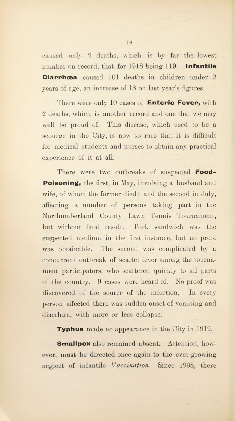 caused only 9 deaths, which is by far the lowest number on record, that for 1918 being 119. Infantile Diarrhoea caused 101 deaths in children under 2 years of age, an increase of 18 on last year’s figures. There were only 10 cases of Enteric Fever, with 2 deaths, which is another record and one that we may well be proud of. This disease, which used to be a scourge in the City, is now so rare that it is difficult for medical students and nurses to obtain any practical experience of it at all. There were two outbreaks of suspected Food- Poisoning, the first, in May, involving a husband and wife, of whom the former died ; and the second in July, affecting a number of persons taking part in the Northumberland County Lawn Tennis Tournament, but without fatal result. Pork sandwich was the suspected medium in the first instance, but no proof was obtainable. The second was complicated by a concurrent outbreak of scarlet fever among the tourna¬ ment participators, who scattered quickly to all parts of the country. 9 cases were heard of. No proof was discovered of the source of the infection. In every person affected there was sudden onset of vomiting and diarrhoea, with more or less collapse. Typhus made no appearance in the City in 1919. Smallpox also remained absent. Attention, how¬ ever, must be directed once again to the ever-growing neglect of infantile Vaccination. Since 1908, there