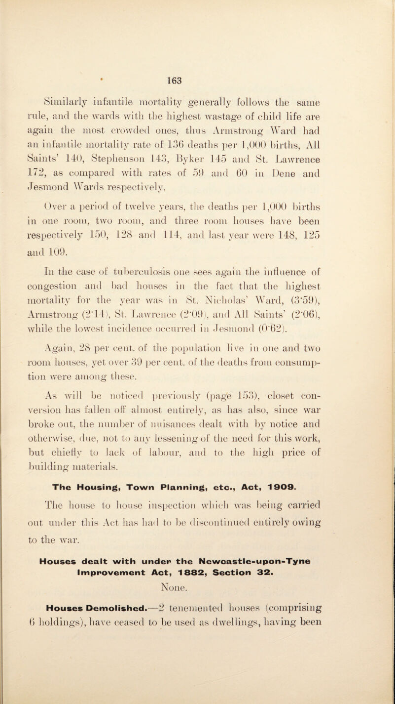 Similarly infantile mortality generally follows the same rule, and the wards with the highest wastage of child life are again the most crowded ones, tlms Armstrong Ward had an infantile mortality rate of 136 deaths per 1,000 births, All Saints’ 140, Stephenson 143, Byker 145 and St. Lawrence 172, as compared with rates of 59 and 60 in Dene and Jesmond Wards respectively. Over a period of twelve years, the deaths per 1,000 births in one room, two room, and three room houses have been respectively 150, 128 and 114, and last year were 148, 125 and 109. In the case oi tuberculosis one sees again the influence of o congestion and bad houses in the fact that the highest mortality for the year was in St. Nicholas’ Ward, (3*59), Armstrong (2*14), St. Lawrence (2*09), and All Saints’ (2*06), while the lowest incidence occurred in Jesmond (0*62). Again, 28 per cent, of the population live in one and two room houses, yet over 39 per cent, of the deaths from consump¬ tion were among these. As will be noticed previously (page 153), closet con¬ version has fallen off almost entirely, as has also, since war broke out, the number of nuisances dealt with by notice and otherwise, due, not to any lessening of the need for this work, but chiefly to lack of labour, and to the high price of building materials. The Housing, Town Planning, etc., Act, 1909. The house to house inspection which was being carried out under this Act has had to be discontinued entirely owing to the war. Houses dealt with under the Newcastle-upon-Tyne Improvement Act, 1882, Section 32. None. Houses Demolished.—2 tenemented houses (comprising 6 holdings), have ceased to be used as dwellings, having been
