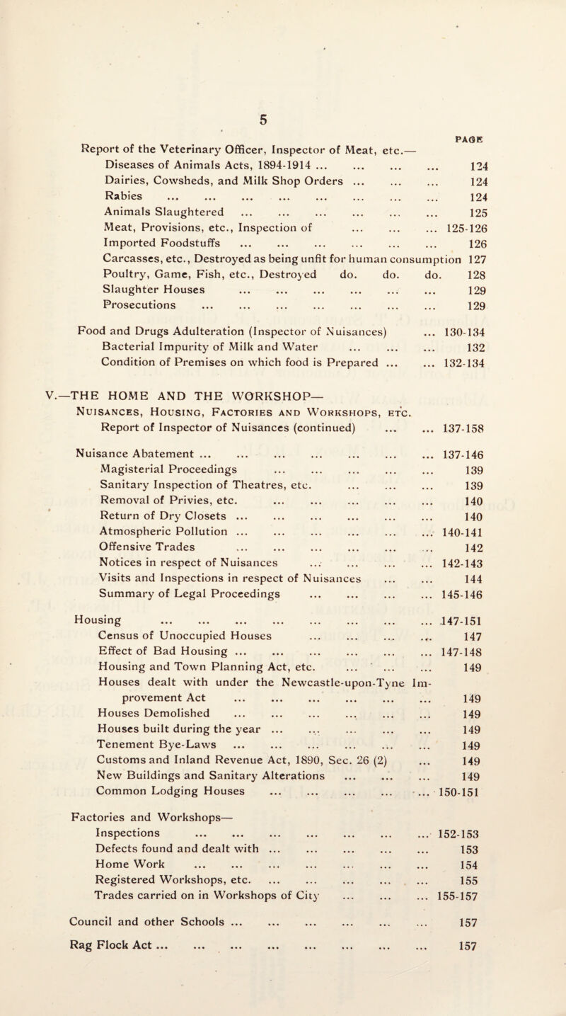 PAGE Report of the Veterinary Officer, Inspector of Meat, etc.— Diseases of Animals Acts, 1894-1914 ... ... ... ... 124 Dairies, Cowsheds, and Milk Shop Orders ... ... ... 124 Rabies ... ... ... ... ... ... ... ... 124 Animals Slaughtered ... ... ... ... ... ... 125 Meat, Provisions, etc., Inspection of ... ... ... 125-126 Imported Foodstuffs ... ... ... ... ... ... 126 Carcasses, etc., Destroyed as being unfit for human consumption 127 Poultry, Game, Fish, etc., Destroyed do. do. do. 128 Slaughter Houses . 129 Prosecutions . 129 Food and Drugs Adulteration (Inspector of Nuisances) ... 130-134 Bacterial Impurity of Milk and Water ... ... ... 132 Condition of Premises on which food is Prepared ... ... 132-134 V.—THE HOME AND THE WORKSHOP— Nuisances, Housing, Factories and Workshops, etc. Report of Inspector of Nuisances (continued) ... ... 137-158 Nuisance Abatement ... Magisterial Proceedings Sanitary Inspection of Theatres, etc. Removal of Privies, etc. Return of Dry Closets ... Atmospheric Pollution ... Offensive Trades Notices in respect of Nuisances Visits and Inspections in respect of Nuisances Summary of Legal Proceedings 137-146 139 139 140 140 140-141 142 142-143 144 145-146 H ousing ... ... ... ... ... ... ... ... Census of Unoccupied Houses Effect of Bad Housing ... Housing and Town Planning Act, etc. Houses dealt with under the Newcastle-upon-Tyne Im¬ provement Act . Houses Demolished Houses built during the year ... Tenement Bye-Laws Customs and Inland Revenue Act, 1890, Sec. 26 (2) New Buildings and Sanitary Alterations Common Lodging Houses . .147-151 147 147-148 149 149 149 149 149 149 149 150-151 Factories and Workshops— Inspections .152-153 Defects found and dealt with ... ... ... . 153 Home Work ... ... ... ... ... ... ... 154 Registered Workshops, etc. ... ... ... ... ... 155 Trades carried on in Workshops of City ... ... ... 155-157 157 Council and other Schools ... Rag Flock Act ... . • • • 157