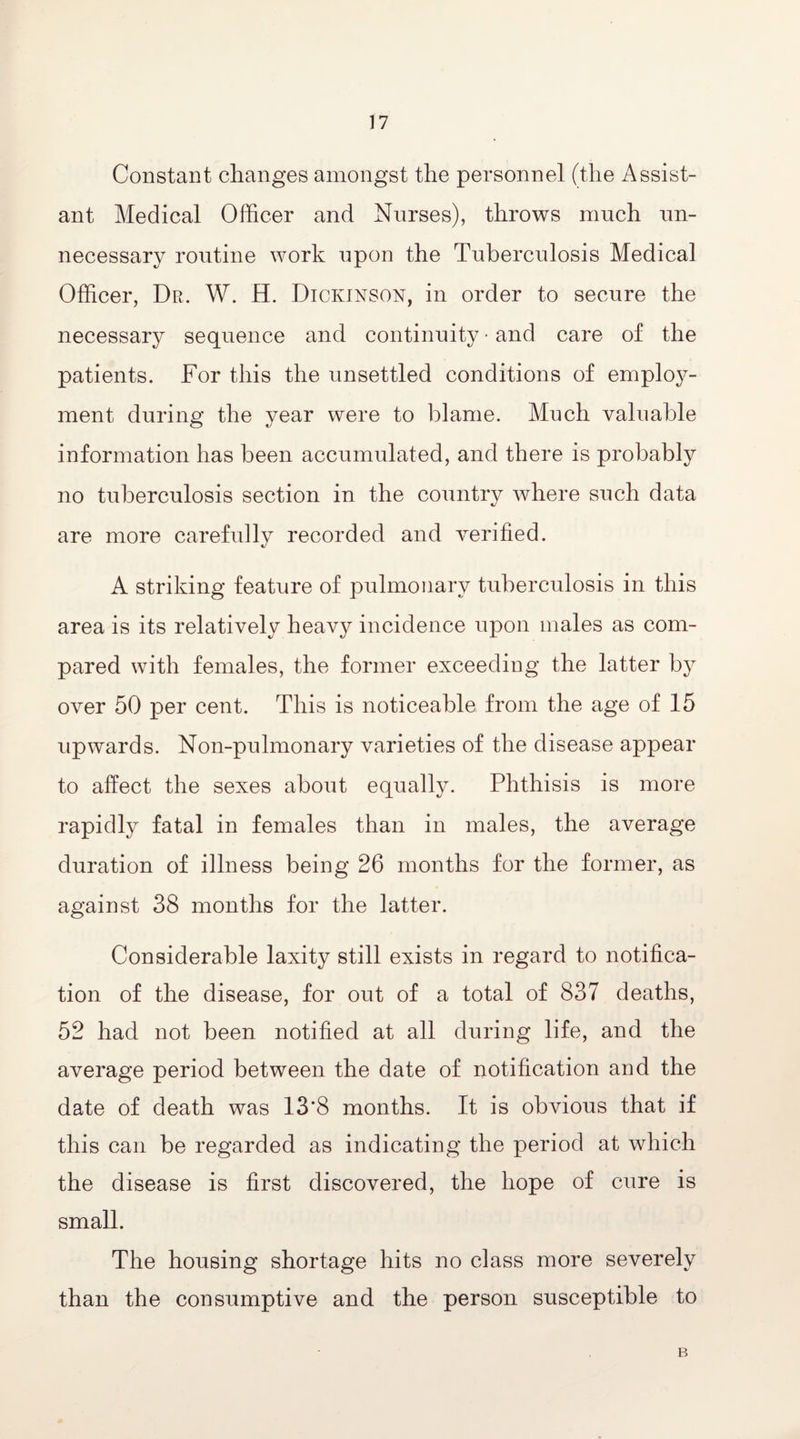 Constant changes amongst the personnel (the Assist¬ ant Medical Officer and Nurses), throws much un¬ necessary routine work upon the Tuberculosis Medical Officer, Dr. W. H. Dickinson, in order to secure the necessary sequence and continuity • and care of the patients. For this the unsettled conditions of employ¬ ment during the year were to blame. Much valuable information has been accumulated, and there is probably no tuberculosis section in the country where such data are more carefully recorded and verified. A striking feature of pulmonary tuberculosis in this area is its relatively heavy incidence upon males as com¬ pared with females, the former exceeding the latter by over 50 per cent. This is noticeable from the age of 15 upwards. Non-pulmonary varieties of the disease appear to affect the sexes about equally. Phthisis is more rapidly fatal in females than in males, the average duration of illness being 26 months for the former, as against 38 months for the latter. Considerable laxity still exists in regard to notifica¬ tion of the disease, for out of a total of 837 deaths, 52 had not been notified at all during life, and the average period between the date of notification and the date of death was 13*8 months. It is obvious that if this can be regarded as indicating the period at which the disease is first discovered, the hope of cure is small. The housing shortage hits no class more severely than the consumptive and the person susceptible to B