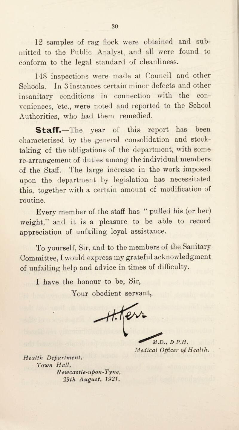 12 samples of rag flock were obtained and sub¬ mitted to the Public Analyst, and all were found to conform to the legal standard of cleanliness. 148 inspections were made at Council and other Schools. In 3 instances certain minor defects and other insanitary conditions in connection with the con¬ veniences, etc., were noted and reported to the School Authorities, who had them remedied. Staff.—The year of this report has been characterised by the general consolidation and stock¬ taking of the obligations of the department, with some re-arrangement of duties among the individual members of the Staff. The large increase in the work imposed upon the department by legislation has necessitated this, together with a certain amount of modification of routine. Every member of the staff has “ pulled his (or her) weight,” and it is a pleasure to be able to record appreciation of unfailing loyal assistance. To yourself, Sir, and to the members of the Sanitary Committee, I would express my grateful acknowledgment of unfailing help and advice in times of difficulty. I have the honour to be, Sir, Your obedient servant, Health Department, Town Hall, N ewcastle-upon-Tyne, 29th August, 1927,
