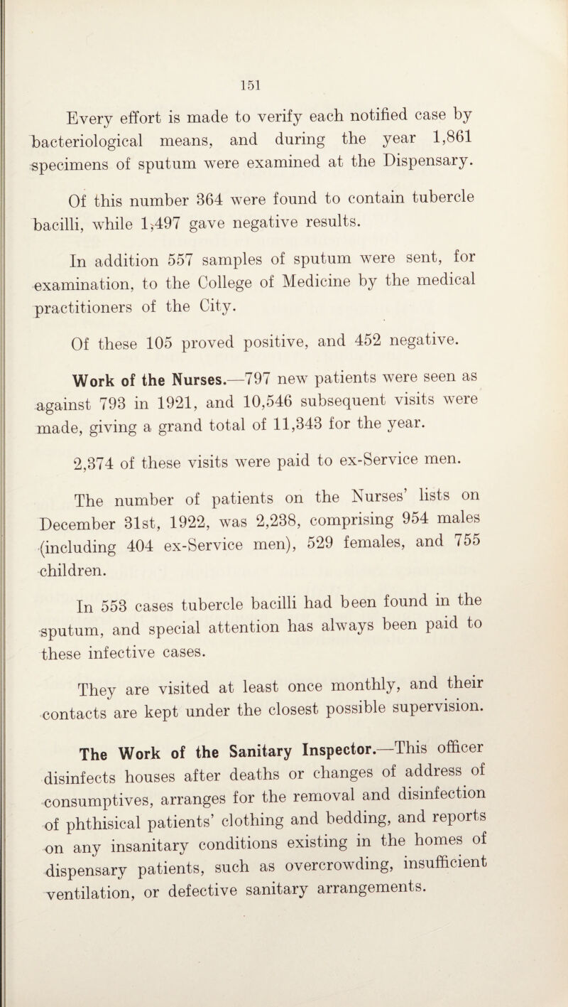 Every effort is made to verify each notified case by bacteriological means, and during the year 1,861 specimens of sputum were examined at the Dispensary. Of this number 864 were found to contain tubercle bacilli, while 1^497 gave negative results. In addition 557 samples of sputum were sent, for examination, to the College of Medicine by the medical practitioners of the City. Of these 105 proved positive, and 452 negative. Work of the Nurses.—797 new patients were seen as against 798 in 1921, and 10,546 subsequent visits were made, giving a grand total of 11,843 for the year. 2,374 of these visits were paid to ex-Service men. The number of patients on the Nurses’ lists on December 31st, 1922, was 2,238, comprising 954 males (including 404 ex-Service men), 529 females, and 755 children. In 553 cases tubercle bacilli had been found in the sputum, and special attention has always been paid to these infective cases. They are visited at least once monthly, and their contacts are kept under the closest possible supervision. The Work of the Sanitary Inspector.—This officer disinfects houses after deaths or changes of address of consumptives, arranges for the removal and disinfection of phthisical patients’ clothing and bedding, and reports on any insanitary conditions existing in the homes of dispensary patients, such as overcrowding, insufficient ventilation, or defective sanitary arrangements.