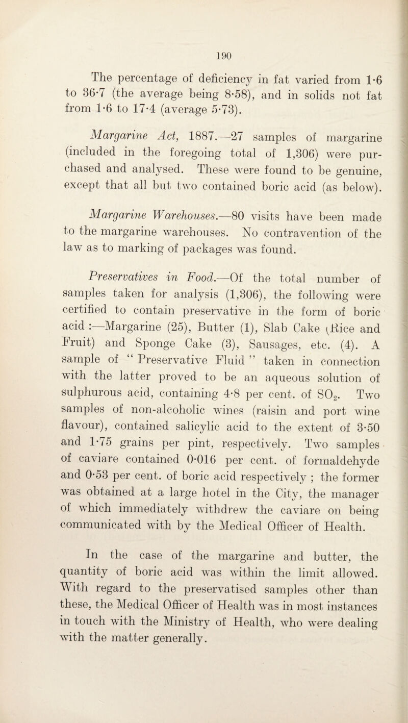 The percentage of deficiency in fat varied from 1*6 to 86-7 (the average being 8-58), and in solids not fat from 1-6 to 17*4 (average 5*78). Margarine Act, 1887.—27 samples of margarine (included in the foregoing total of 1,306) were pur¬ chased and analysed. These were found to be genuine, except that all but two contained boric acid (as below). Margarine Warehouses.—80 visits have been made to the margarine warehouses. No contravention of the law as to marking of packages was found. Preservatives in Food.—Of the total number of samples taken for analysis (1,306), the following were certified to contain preservative in the form of boric acid Margarine (25), Butter (1), Slab Cake (Bice and Fruit) and Sponge Cake (3), Sausages, etc. (4). A sample of Preservative Fluid ” taken in connection with the latter proved to be an aqueous solution of sulphurous acid, containing 4*8 per cent, of S02. Two samples of non-alcoholic wanes (raisin and port wine flavour), contained salicylic acid to the extent of 3*50 and 1*75 grains per pint, respectively. Two samples of caviare contained 0-016 per cent, of formaldehyde and 0*53 per cent, of boric acid respectively ; the former was obtained at a large hotel in the City, the manager of wdiich immediately withdrew the caviare on being communicated with by the Medical Officer of Health. In the case of the margarine and butter, the quantity of boric acid wTas within the limit allowed. With regard to the preservatised samples other than these, the Medical Officer of Health was in most instances in touch with the Ministry of Health, who were dealing with the matter generally.