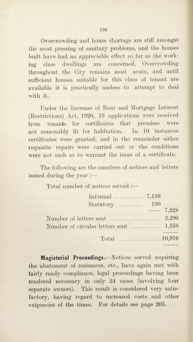Overcrowding and house shortage are still amongst the most pressing of sanitary problems, and the houses built have had no appreciable effect so far as the work¬ ing class dwellings are concerned. Overcrowding throughout the City remains most acute, and until sufficient houses suitable for this class of tenant are available it is practically useless to attempt to deal with it. Under the Increase of Rent and Mortgage Interest (Restrictions) Act, 1920, 13 applications were received from tenants for certificates that premises were not reasonably fit for habitation. In 10 instances certificates were granted, and in the remainder either requisite repairs were carried out or the conditions were not such as to warrant the issue of a certificate. The following are the numbers of notices and letters issued during the year :— Total number of notices served :— Informal . 7,138 Statutory . 190 - 7,328 Number of letters sent . 2,290 Number of circular letters sent . 1,358 Total .10,976 Magisterial Proceedings.—Notices served requiring the abatement of nuisances, etc., have again met with fairly ready compliance, legal proceedings having been rendered necessary in only 24 cases (involving four separate owners). This result is considered very satis¬ factory, having regard to increased costs and other exigencies of the times. For details see page 205.