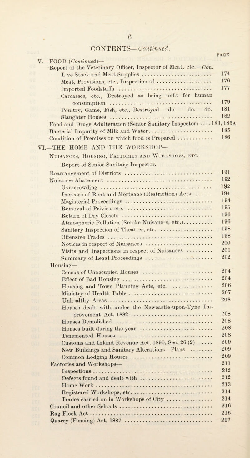CONTENTS— PAGE V. —FOOD {Continued)— Report of the Veterinary Officer, Inspector of Meat, etc.—Con. L ve Stock and Meat Supplies. 174 Meat, Provisions, etc.. Inspection of. 176 Imported Foodstuffs . 177 Carcasses, etc., Destroyed as being unfit for human consumption . 179 Poultry, Game, Fish, etc.. Destroyed do. do. do. 181 Slaughter Houses . 1^2 Food and Drugs Adulteration (Senior Sanitary Inspector) ., .. 183, 185a Bacterial Impurity of Milk and Water. 185 Condition of Premises on which food is Prepared. 186 VI. —THE HOME AND THE WORKSHOP— Nuisances, Housing, Factories and Workshops, etc. Report of Senior Sanitary Inspector. Rearrangement of Districts . 191 Nuisance Abatement . 192 Overcrowding . 192 Increase of Rent and Mortgage (Restriction) Acts . 194 Magisterial Proceedings. 194 Removal of Privies, etc. 195 Return of Dry Closets . 196 Atmospheric Pollution (Smoke Nuisances, etc.). 196 Sanitary Inspection of Theatres, etc. 198 Offensive Trades. 198 Notices in respect of Nuisances . 200 Visits and Inspections in respect of Nuisances . 201 Summary of Legal Proceedings . 202 Housing— Census of Unoccupied Houses . 204 Effect of Bad Housing. 204 Housing and Town Planning Acts, etc. 206 Ministry of Health Table. 207 Unhealthy Areas. 208 Houses dealt with under the Newcastle-upon-Tyne Im¬ provement Act, 1882 . 208 Houses Demolished . 208 Houses built during the year . 208 Tenemented Houses . 208 Customs and Inland Revenue Act, 1890, Sec. 26 (2) .... 209 New Buildings and Sanitary Alterations—Plans . 209 Common Lodging Houses . 209 Factories and Workshops— 211 Inspections. 212 Defects found and dealt with. 212 Home Work. 213 Registered Workshops, etc. 214 Trades carried on in Workshops of City. 214 Council and other Schools. 216 Rag Flock Act. 216 Quarry (Fencing) Act, 1887 . 217