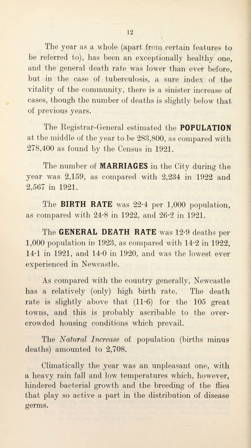 The year as a whole (apart from certain features to be referred to), has been an exceptionally healthy one, and the general death rate was lower than ever before, but in the case of tuberculosis, a sure index of the vitality of the community, there is a sinister increase of cases, though the number of deaths is slightly below that of previous years. The Kegistrar-General estimated the POPULATION at the middle of the year to be 288,800, as compared with 278,400 as found by the Census in 1921. The number of MARRIAGES in the City during the year was 2,159, as compared with 2,234 in 1922 and 2,567 in 1921. The BIRTH RATE was 22-4 per 1,000 population, as compared with 24-8 in 1922, and 26-2 in 1921. The GENERAL DEATH RATE was 12*9 deaths per 1,000 population in 1923, as compared with 14*2 in 1922, 14-1 in 1921, and 14*0 in 1920, and was the lowest ever experienced in Newcastle. As compared with the country generally, Newcastle has a relatively (only) high birth rate. The death rate is slightly above that (11*6) for the 105 great towns, and this is probably ascribable to the over¬ crowded housing conditions which prevail. The Natural Increase of population (births minus deaths) amounted to 2,708. Climatically the year was an unpleasant one, with a heavy rain fall and low temperatures which, however, hindered bacterial growth and the breeding of the flies that play so active a part in the distribution of disease germs.