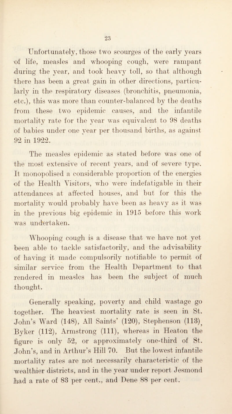 Unfortunately, those two scourges of the early years of life, measles and whooping cough, were rampant ^during the year, and took heavy toll, so that although there has been a great gain in other directions, particu¬ larly in the respiratory diseases (bronchitis, pneumonia, etc.), this was more than counter-balanced by the deaths from these two epidemic causes, and the infantile mortality rate for the year was equivalent to 98 deaths :of babies under one year per thousand births, as against 92 in 1922. The measles epidemic as stated before was one of the most extensive of recent years, and of severe type. It monopolised a considerable proportion of the energies of the Health Visitors, who were indefatigable in their attendances at affected houses, and but for this the mortality would probably have been as heavy as it was in the previous big epidemic in 1915 before this work was undertaken. Whooping cough is a disease that we have not yet been able to tackle satisfactorily, and the advisability of having it made compulsorily notifiable to permit of similar service from the Health Department to that rendered in measles has been the subject of much thought. Generally speaking, poverty and child wastage go together. The heaviest mortality rate is seen in St. John’s Ward (148), All Saints’ (120), Stephenson (113)^ Byker (112), Armstrong (111), whereas in Heaton the figure is only 52, or approximately one-third of St. John’s, and in Arthur’s Hill 70. But the lowest infantile mortality rates are not necessarily characteristic of the wealthier districts, and in the year under report Jesmond had a rate of 83 per cent., and Dene 88 per cent.