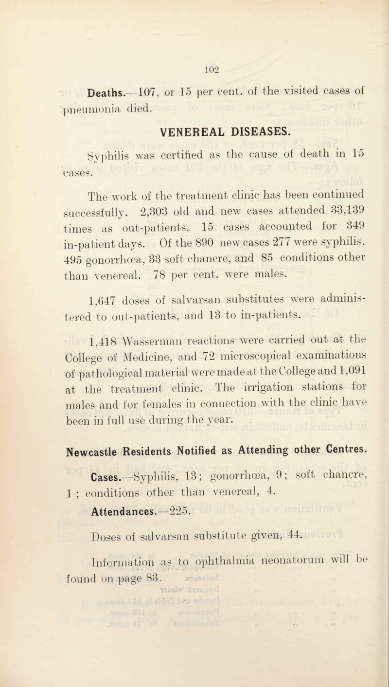 Deaths.- 107, or 15 per cent, of the visited cases of pneiinionia died. VENEREAL DISEASES. Sy])hilis was certified as the cause of death in 15 cases. The work of the treatment clinic has been continued successfully. 2,803 old and new cases attended 83,139 times as out-patients. 15 cases accounted for 349 in-patient days. Of the 890 new cases 277 were syphilis, 495 gonorrhoea, 33 soft chancre, and 85 conditions other than venereal. 78 per cent, were males. 1,647 doses of salvarsan substitutes were adminis¬ tered to out-patients, and 13 to in-patients. 1,418 Wasserman reactions were carried out at the College of Medicine, and 72 microscopical examinations of pathological material were made at the College and 1,091 at the treatment clinic. The irrigation stations for males and for females in connection with the clinic have been in full use during the year. Newcastle Residents Notified as Attending other Centres. Cases.—Syphilis, 13; gonorrhoea, 9; soft chancre, 1 ; conditions other than venereal, 4. Attendances.—225. Doses of salvarsan substitute given, 44. Informatio)!! as to ophthalmia neonatorum will be found on page 83. .